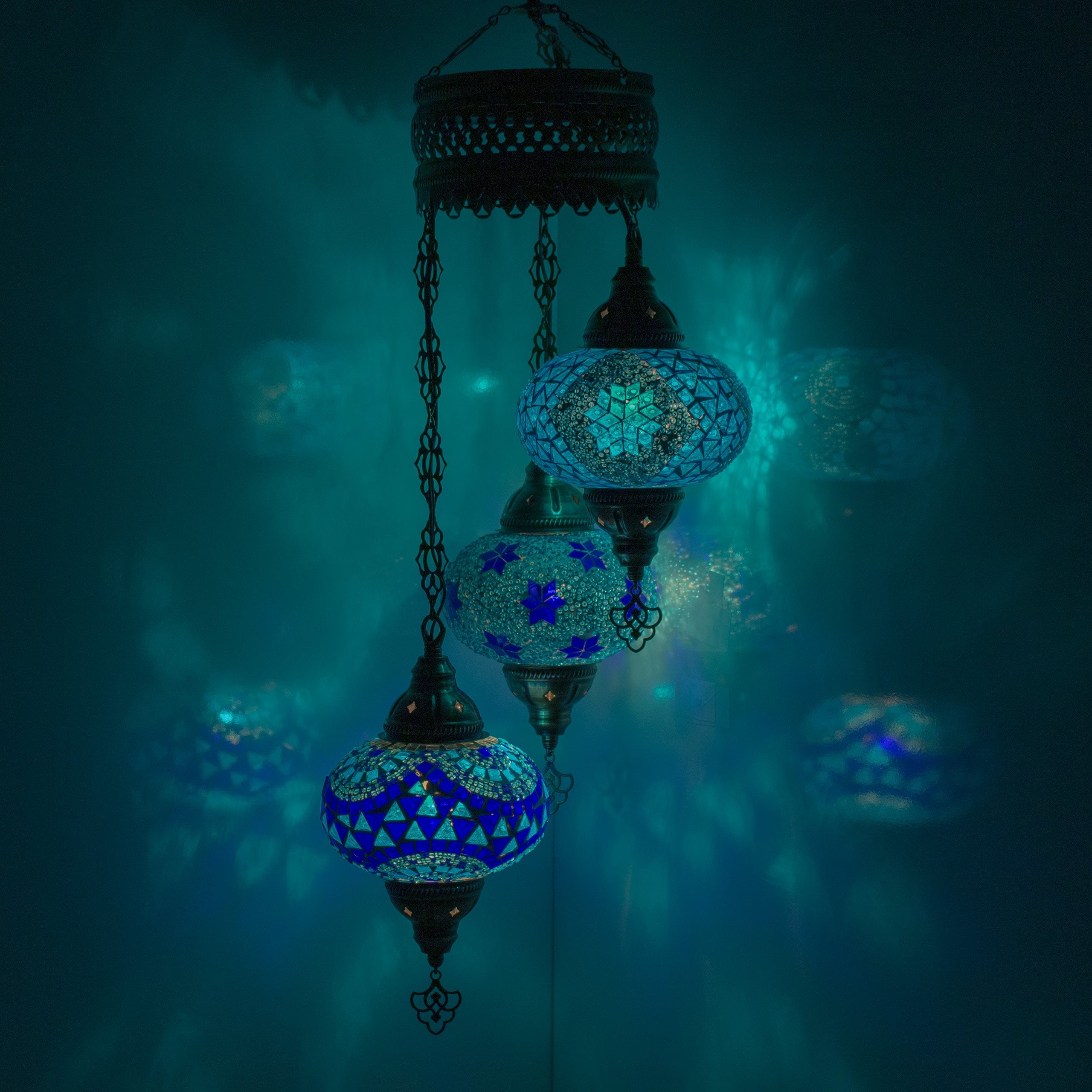 MoslandHome Handmade Turkish Mosaic Chandelier 3 Globe Antique Brass Pendant Lamp