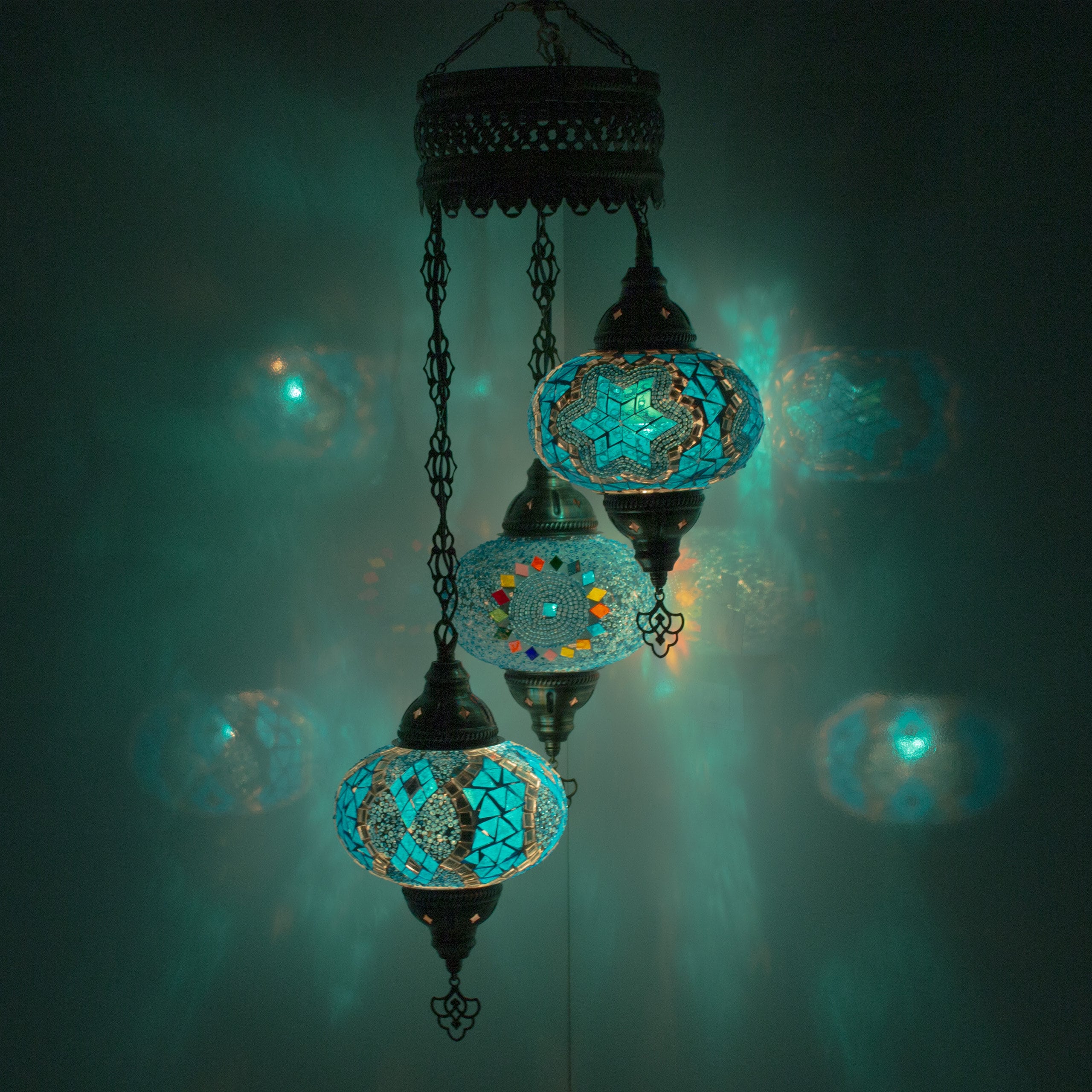 MoslandHome Handmade Turkish Mosaic Chandelier 3 Globe Antique Brass Pendant Lamp