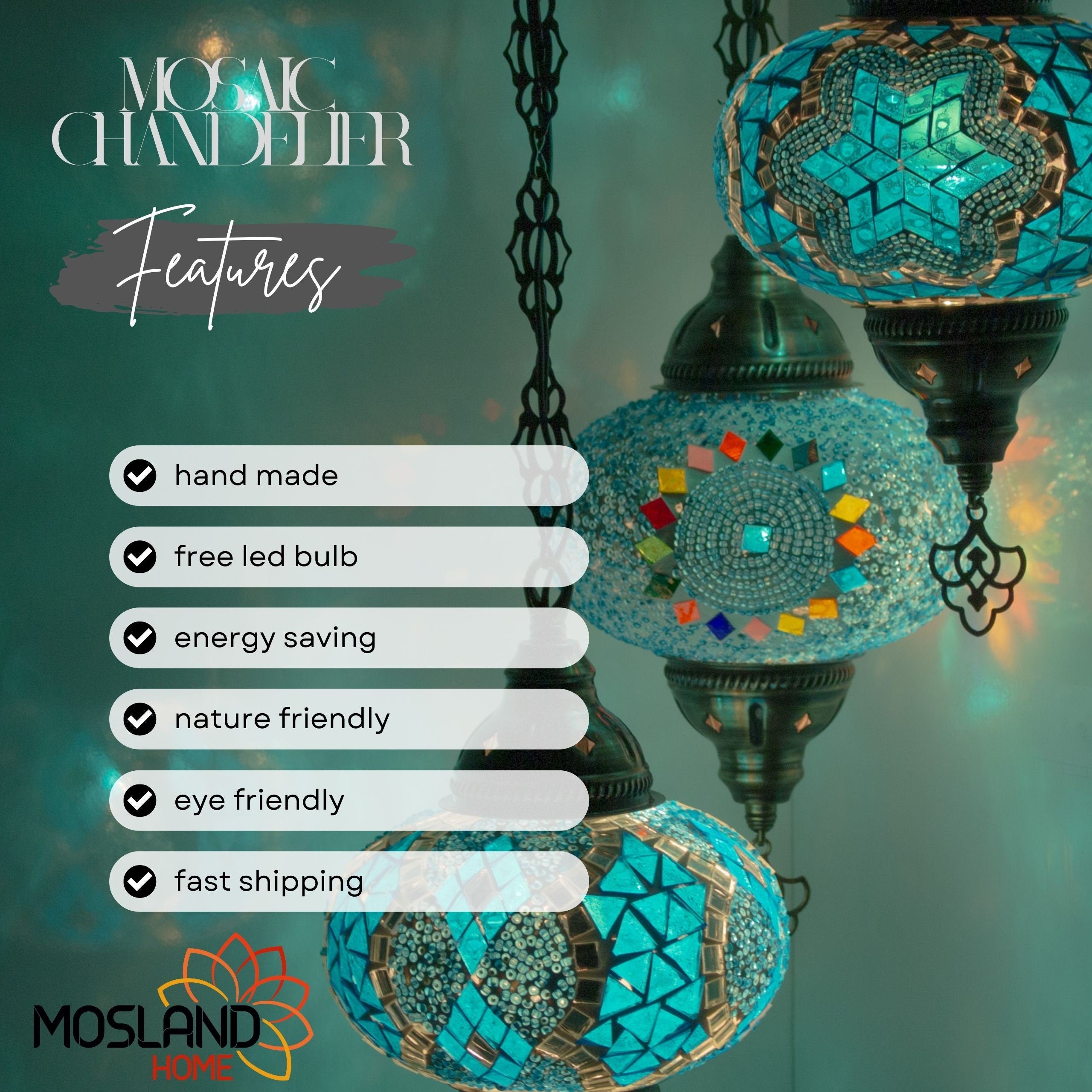 MoslandHome Handmade Turkish Mosaic Chandelier 3 Globe Antique Brass Pendant Lamp