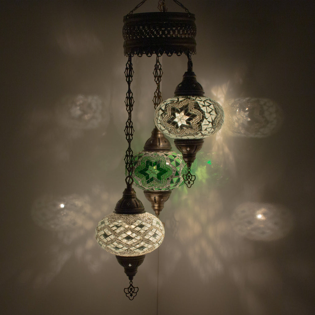 MoslandHome Handmade Turkish Mosaic Chandelier 3 Globe Hanging Lamp