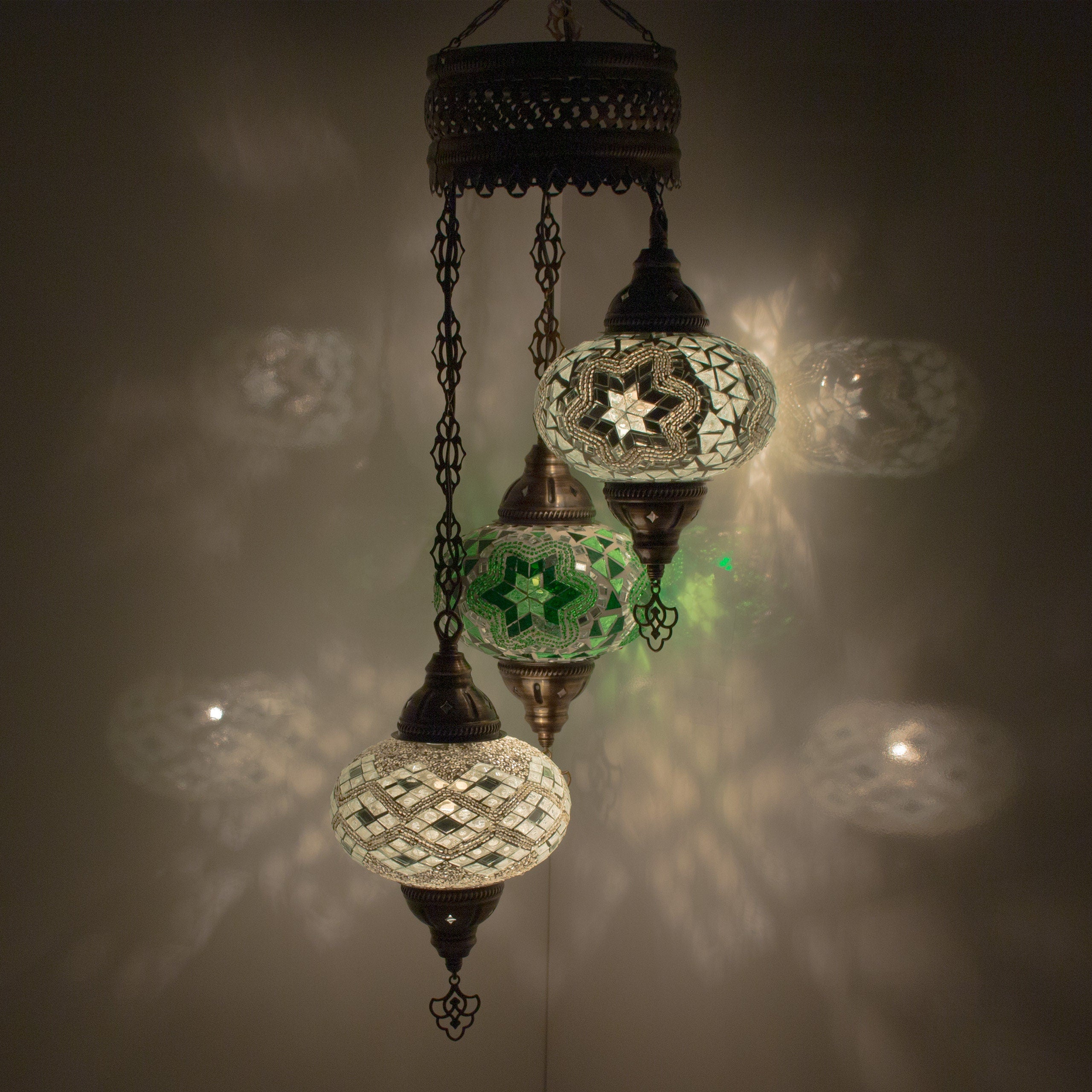 MoslandHome Handmade Turkish Mosaic Chandelier 3 Globe Hanging Lamp