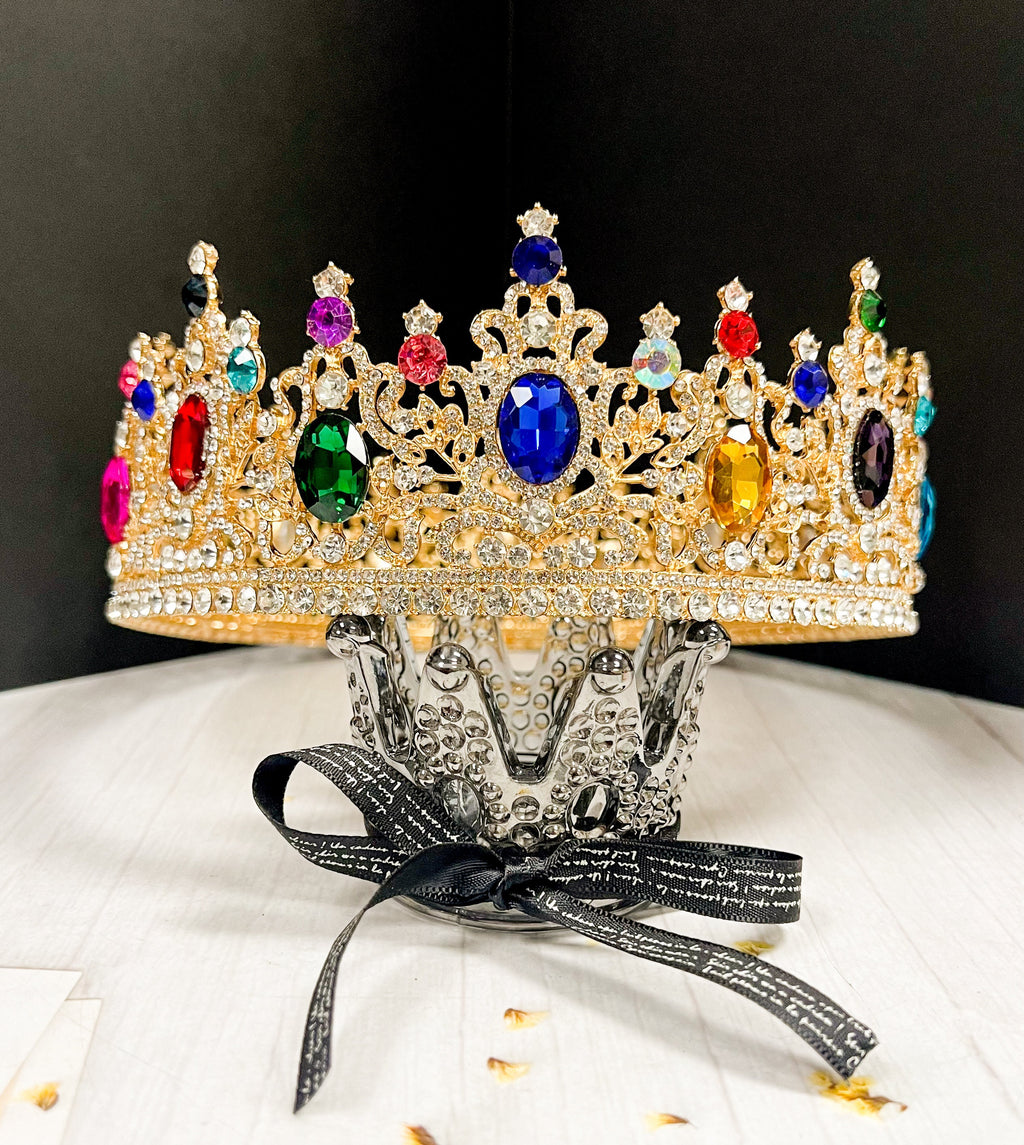 HappyJewelryWorld Rainbow Crystal King Crown Gold-Plated Tiara 8in
