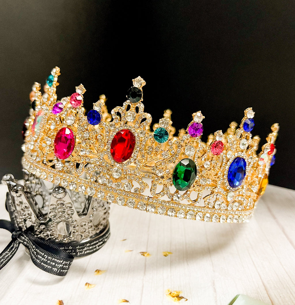 HappyJewelryWorld Rainbow Crystal King Crown Gold-Plated Tiara 8in