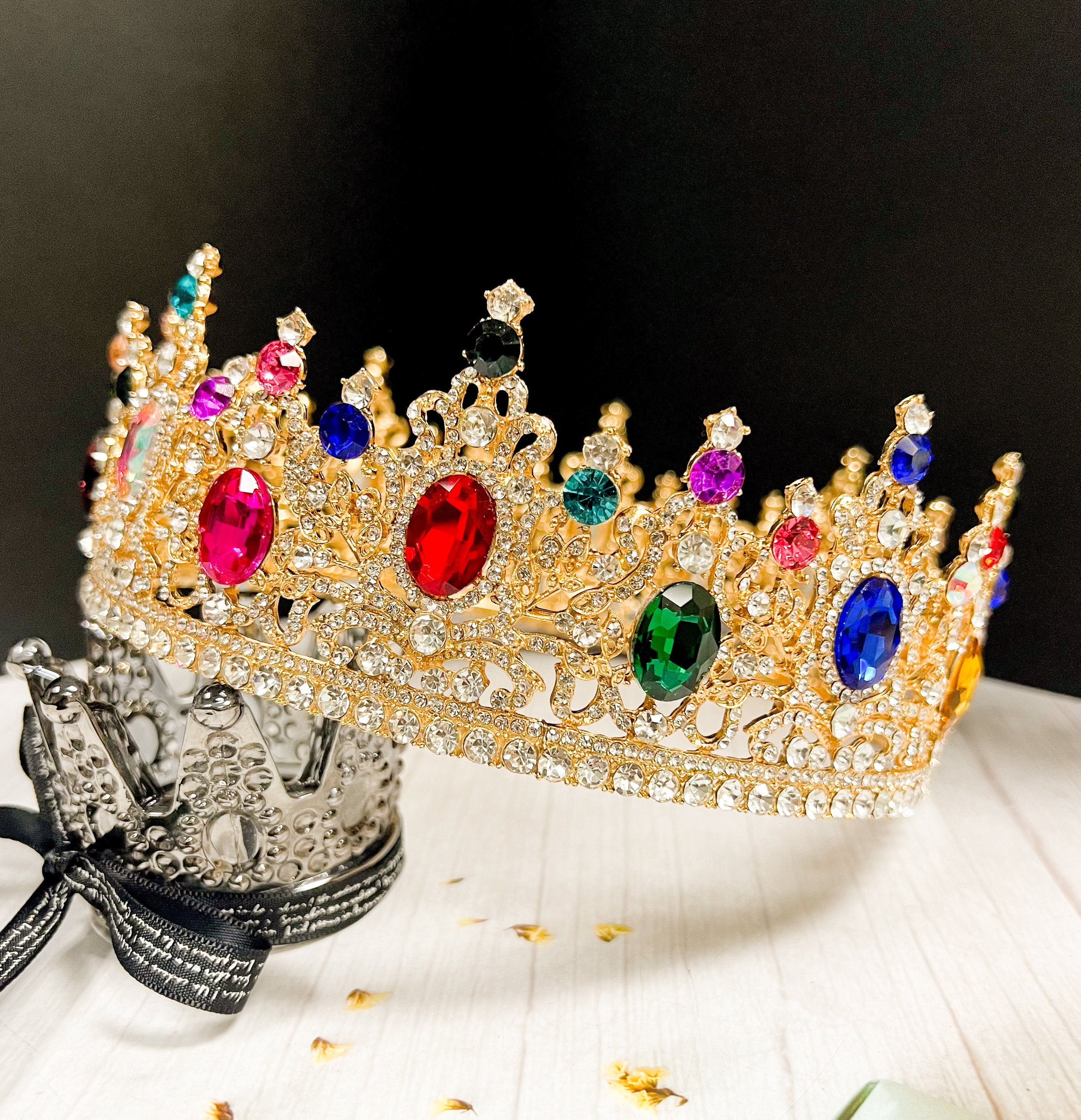 HappyJewelryWorld Rainbow Crystal King Crown Gold-Plated Tiara 8in