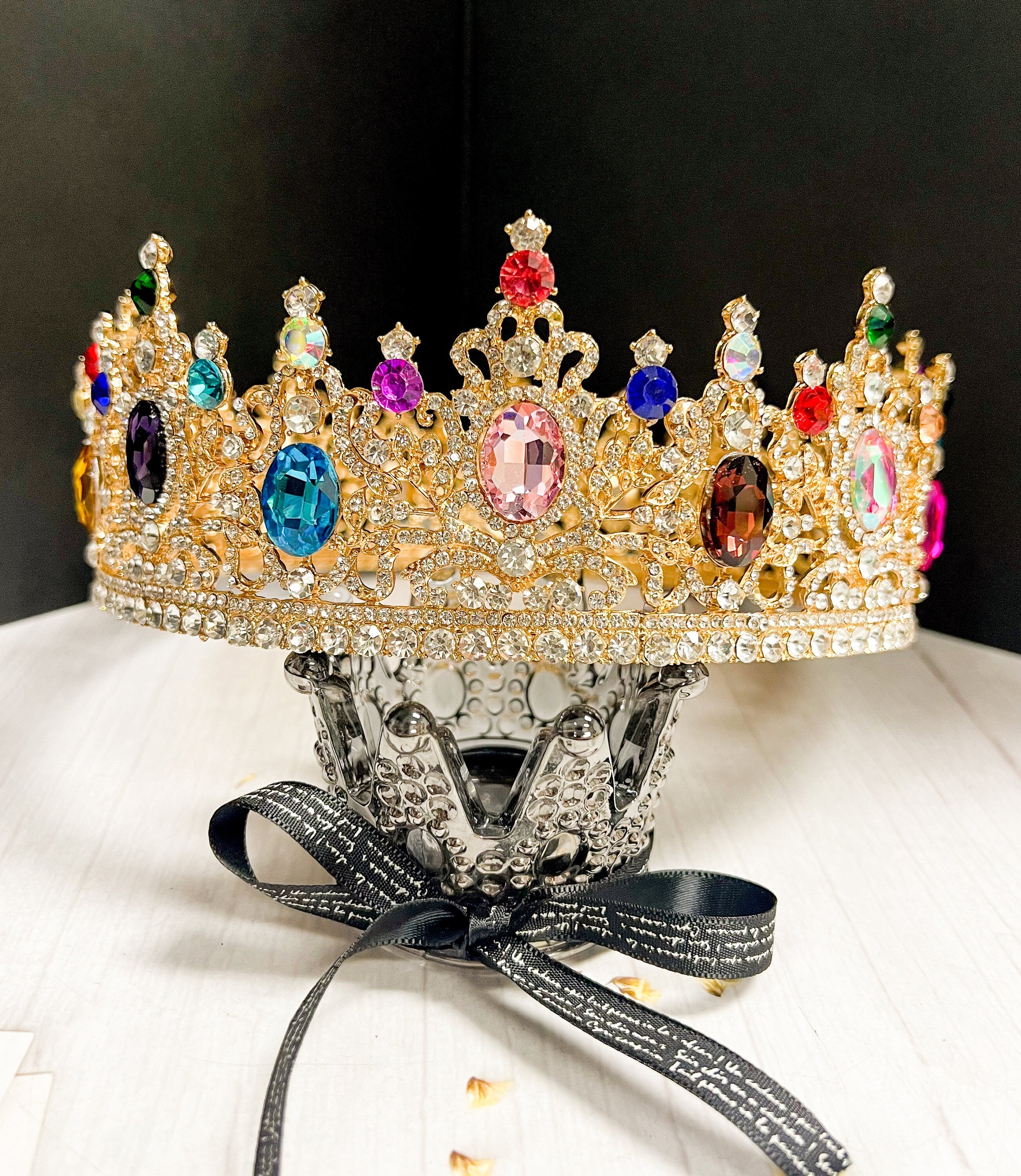 HappyJewelryWorld Rainbow Crystal King Crown Gold-Plated Tiara 8in