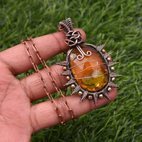 EkkJewels Handmade Copper Wire Wrapped Citrine Pendant Necklace