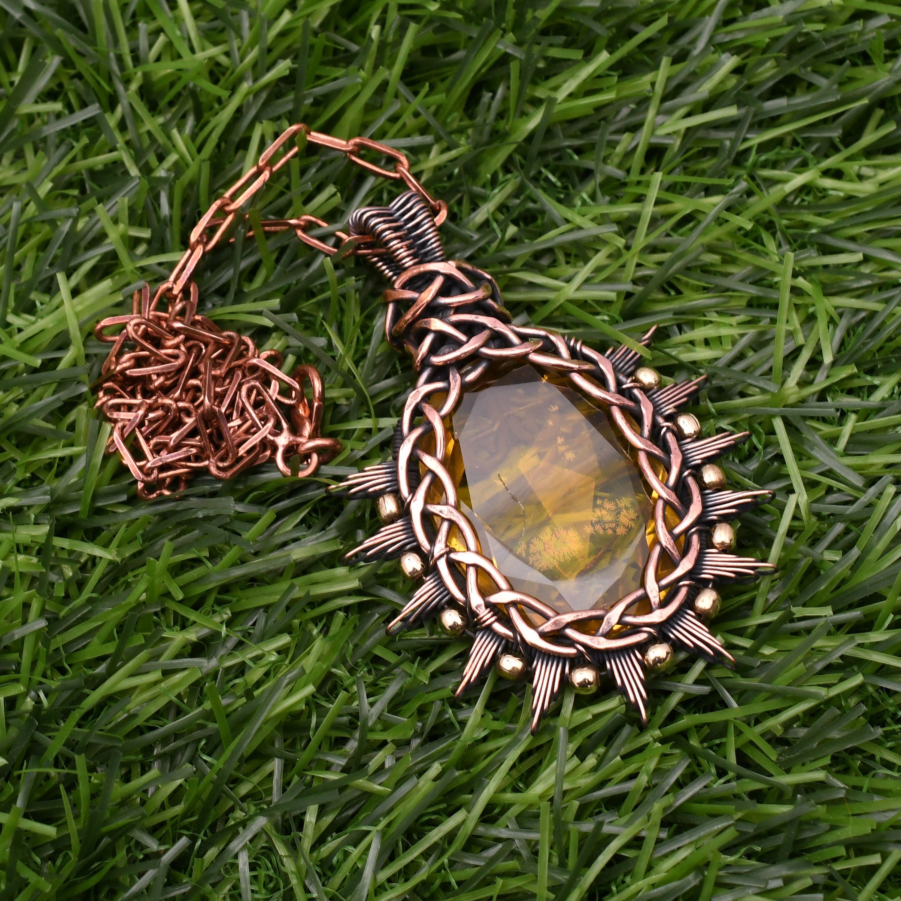EkkJewels Handmade Copper Wire Wrapped Citrine Pendant Necklace