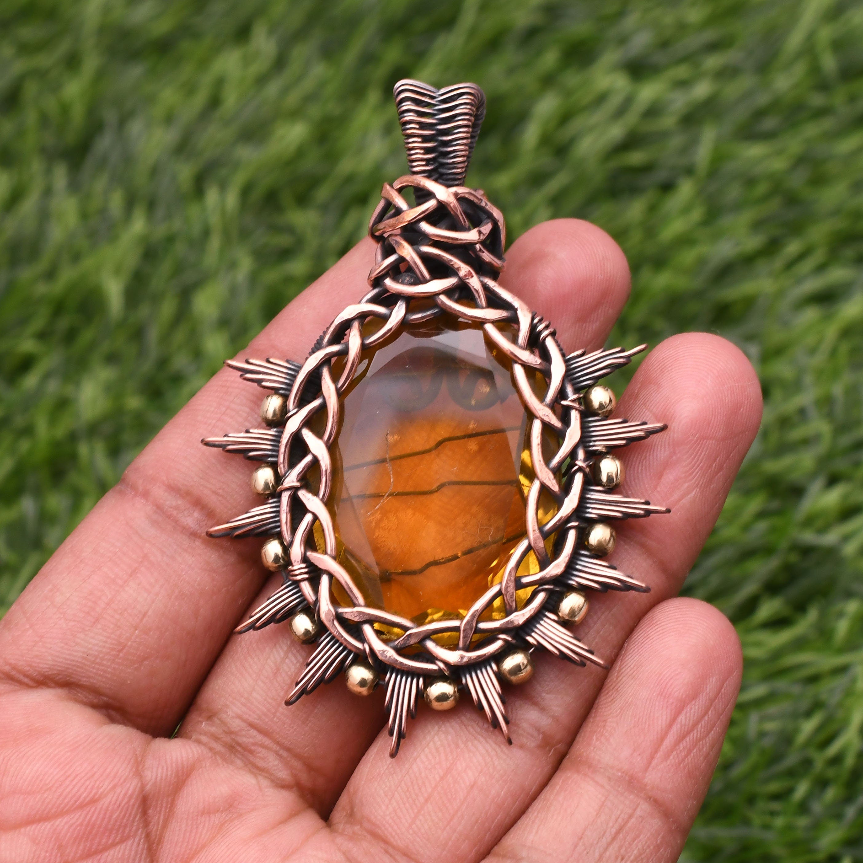 EkkJewels Handmade Copper Wire Wrapped Citrine Pendant Necklace