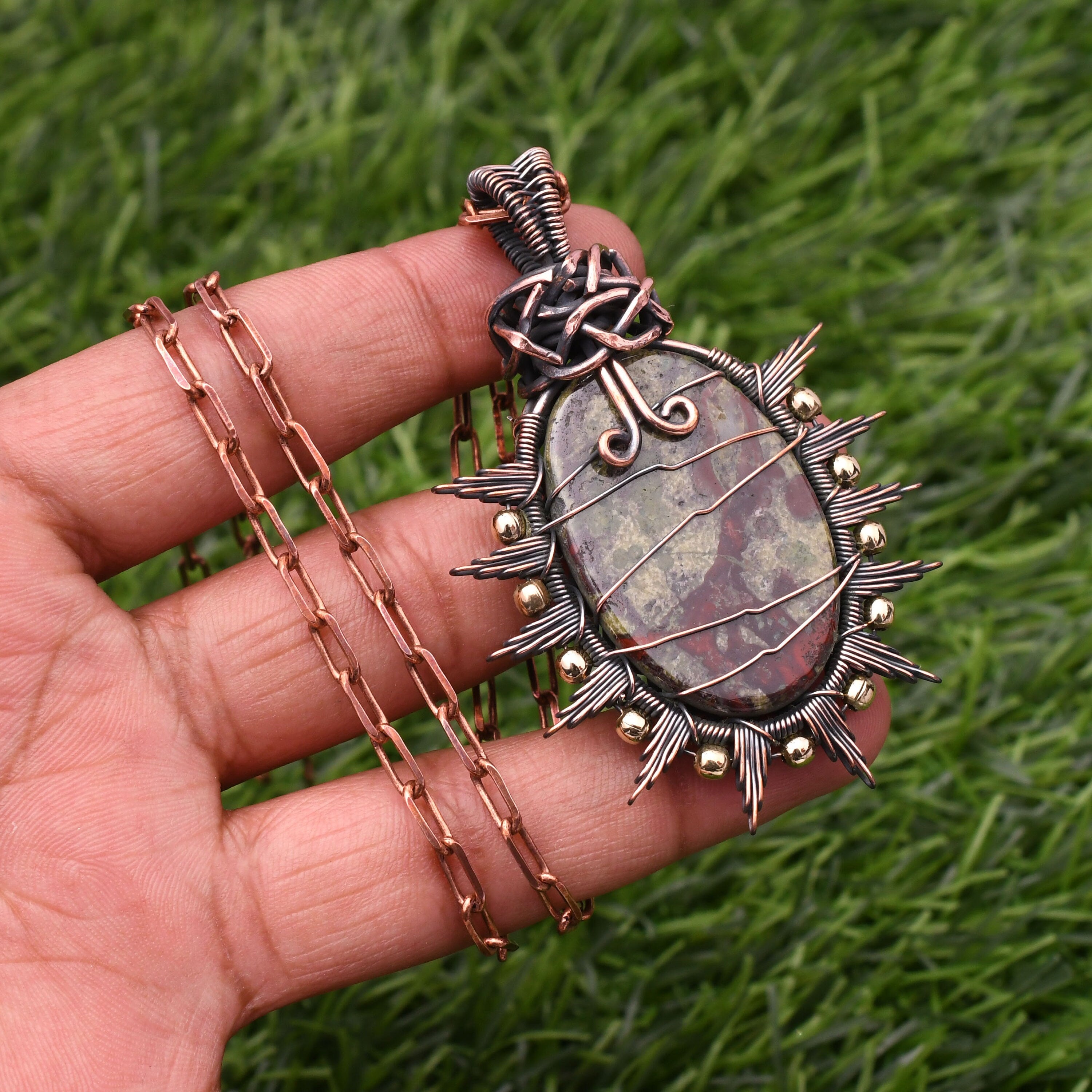 EkkJewels Dragon Blood Jasper Pendant Necklace, Handmade Copper Wire Wrapped