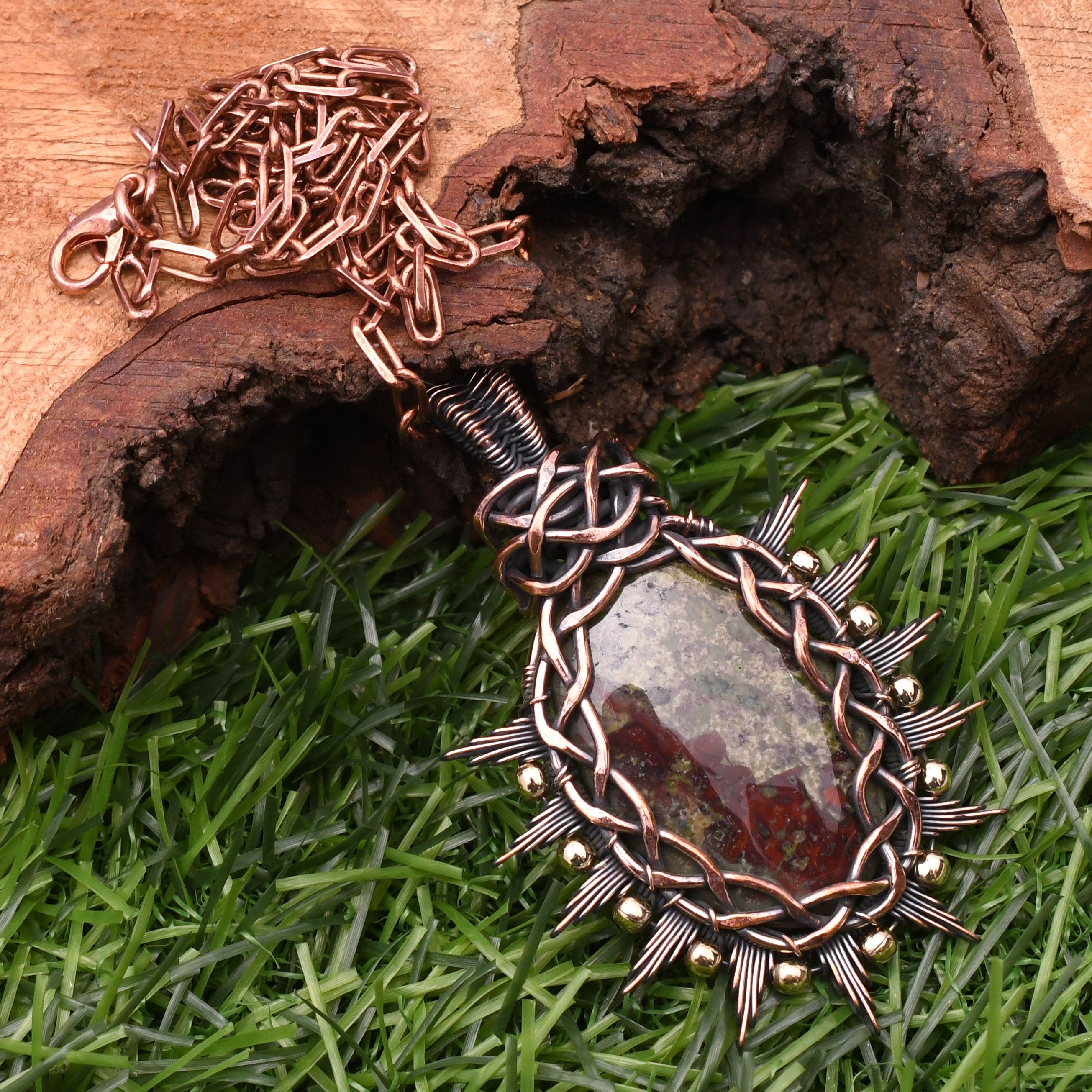 EkkJewels Dragon Blood Jasper Pendant, Handmade Copper Wire Wrapped Necklace