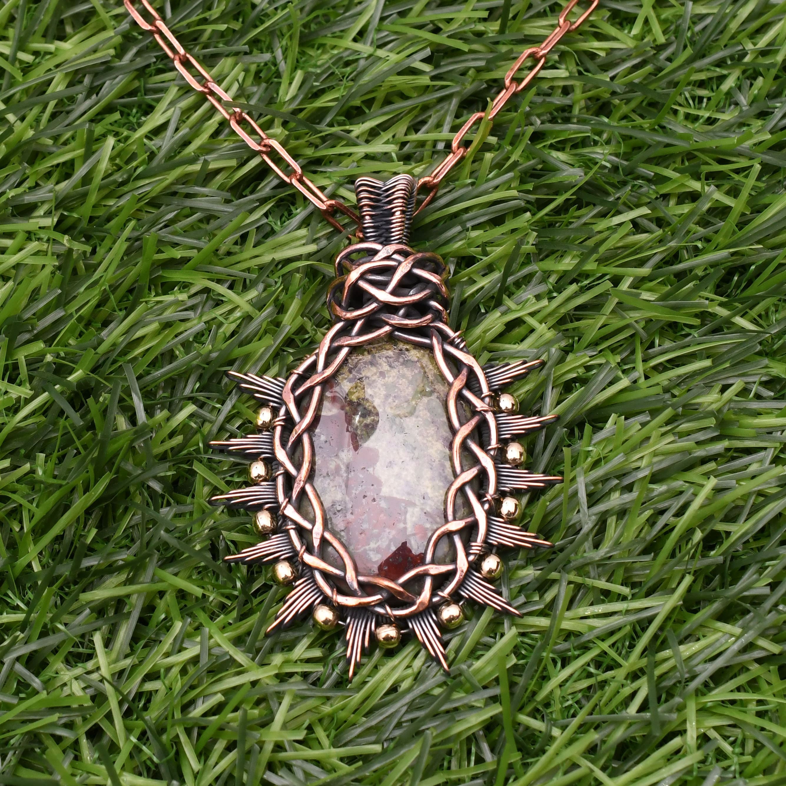 EkkJewels Dragon Blood Jasper Pendant, Handmade Copper Wire Wrapped Necklace