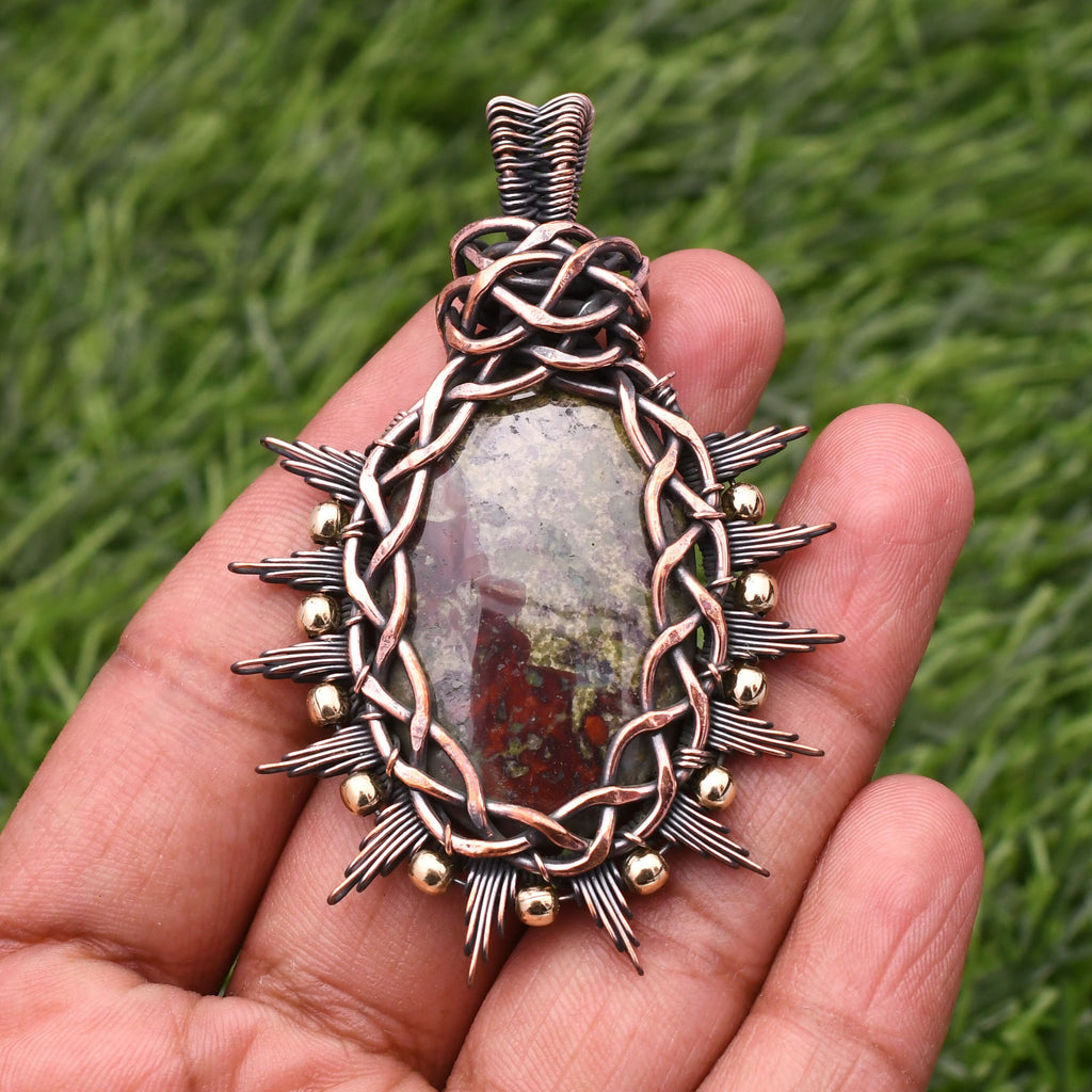 EkkJewels Dragon Blood Jasper Pendant, Handmade Copper Wire Wrapped Necklace