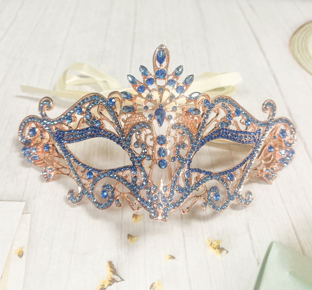 Masquerade Ball Gold Mask with Blue Rhinestones Venetian Party