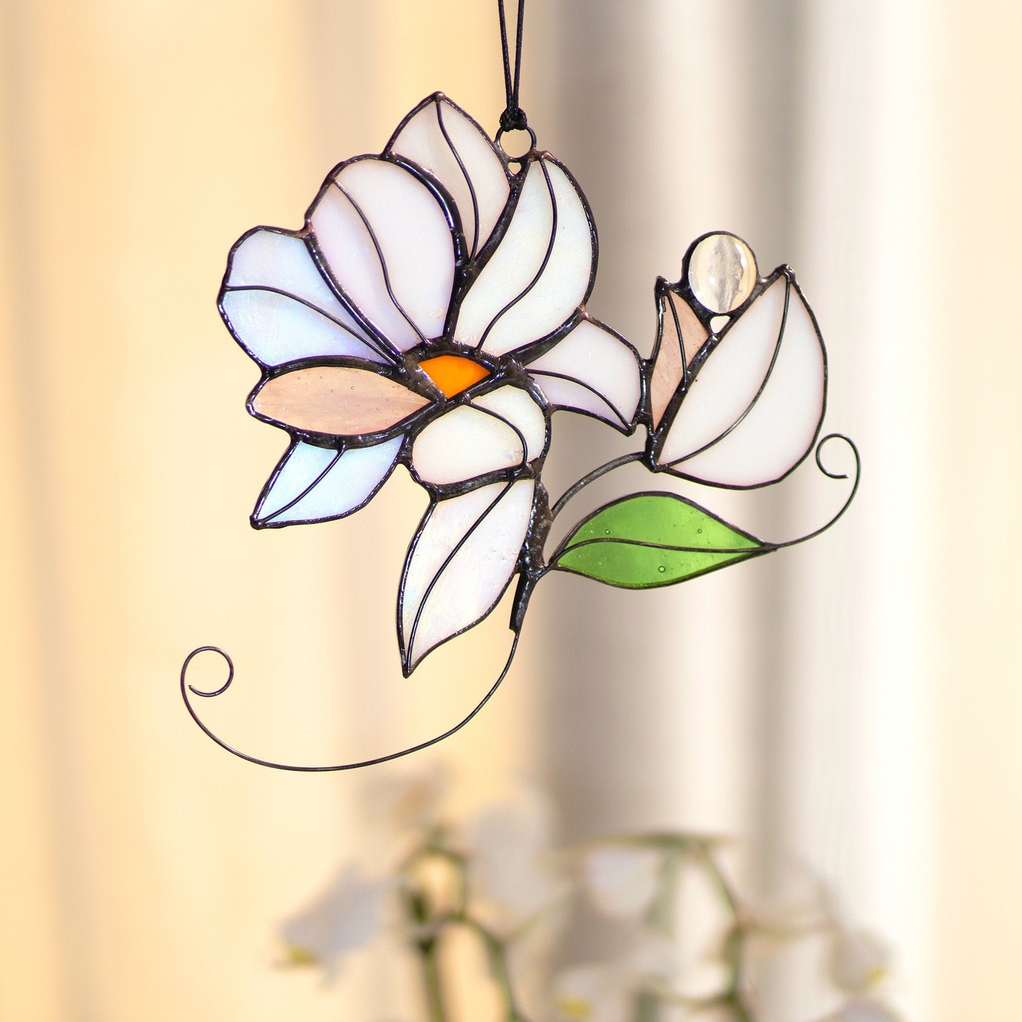 RainLine Iridescent Magnolia Bouquet Stained Glass Suncatcher Window Hanging