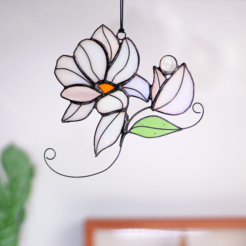 RainLine Iridescent Magnolia Bouquet Stained Glass Suncatcher Window Hanging