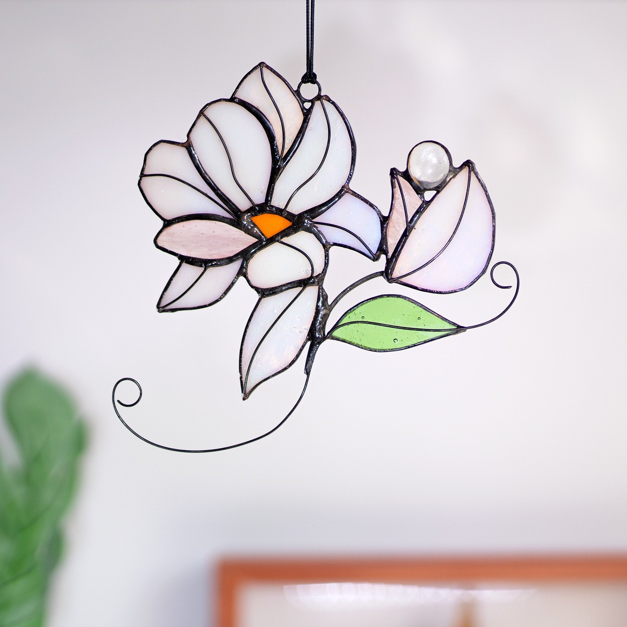 RainLine Iridescent Magnolia Bouquet Stained Glass Suncatcher Window Hanging
