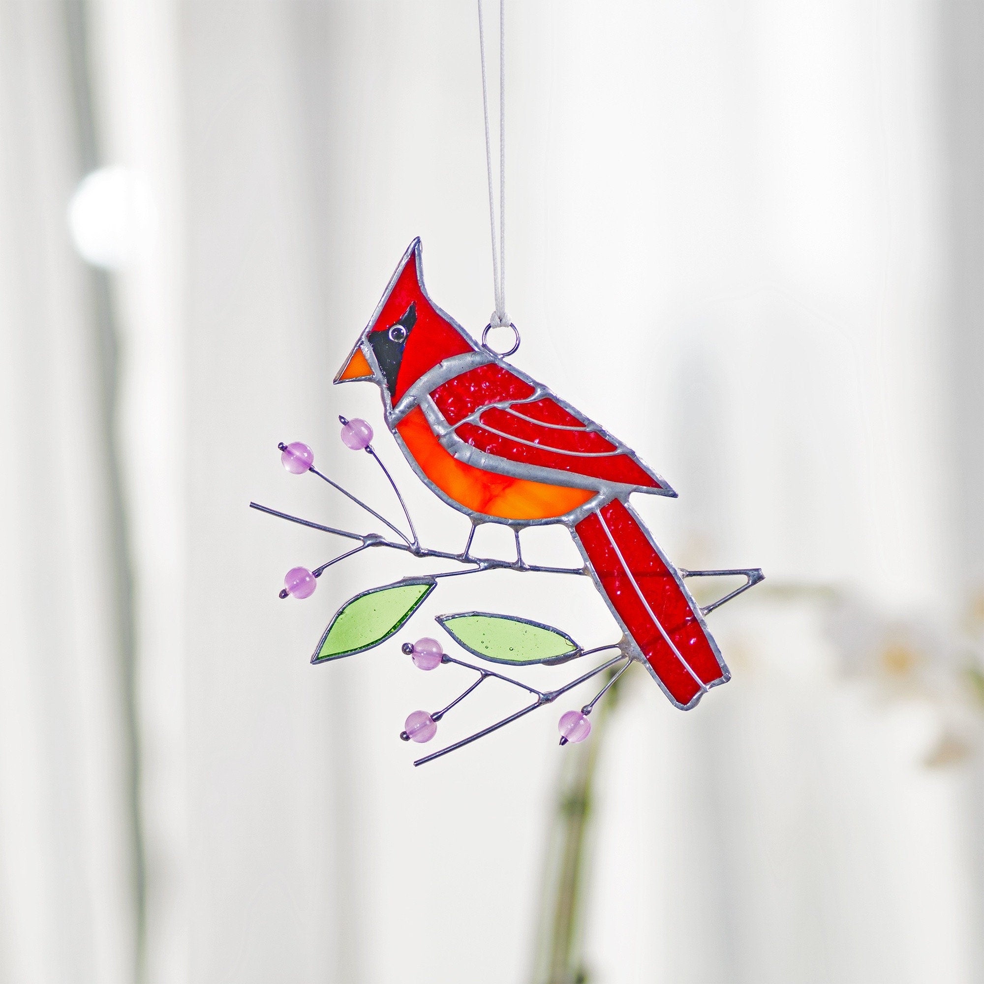 RainLine Cardinal Bird Stained Glass Window Hanging Suncatcher 4.3in