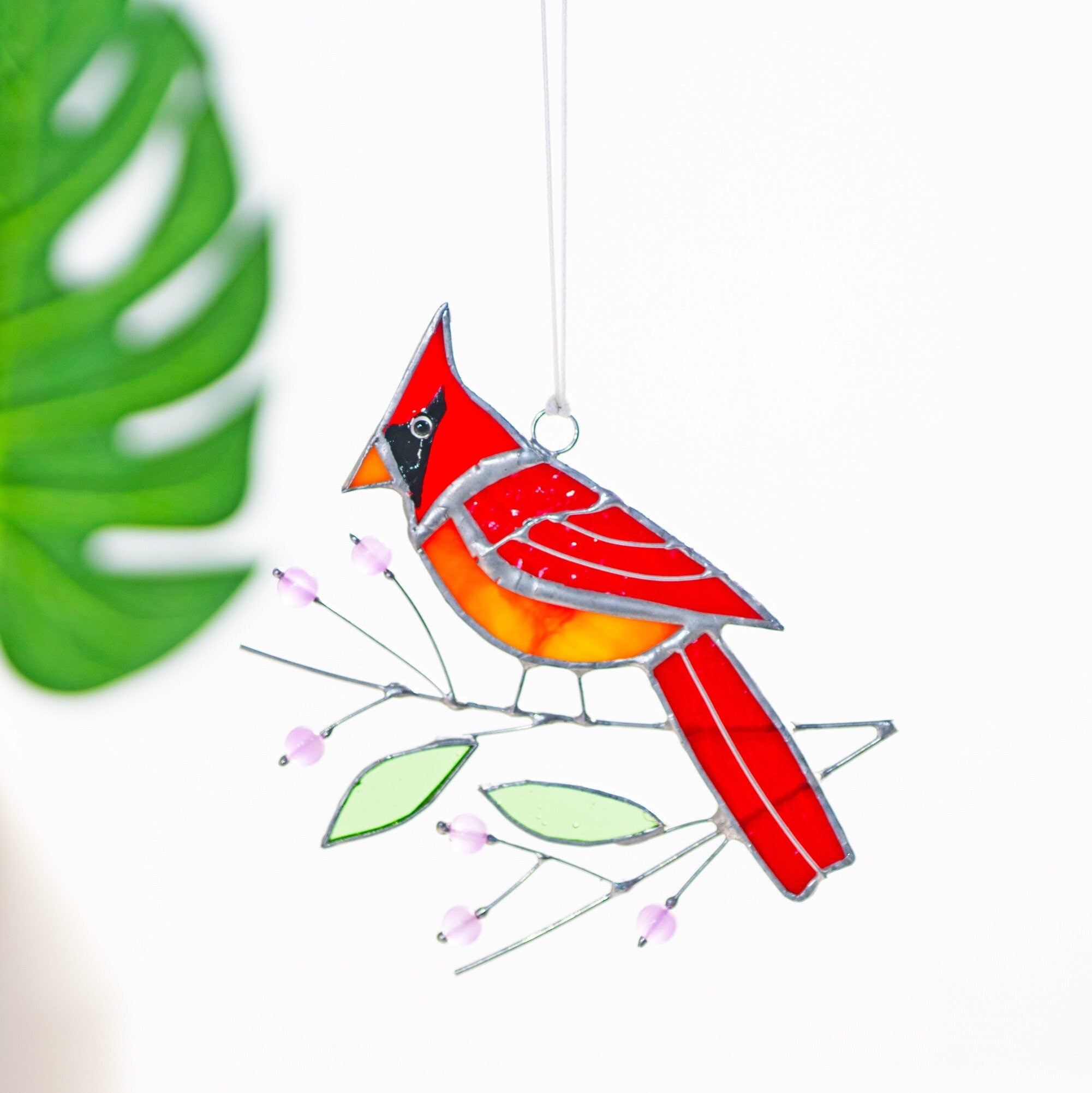 RainLine Cardinal Bird Stained Glass Window Hanging Suncatcher 4.3in