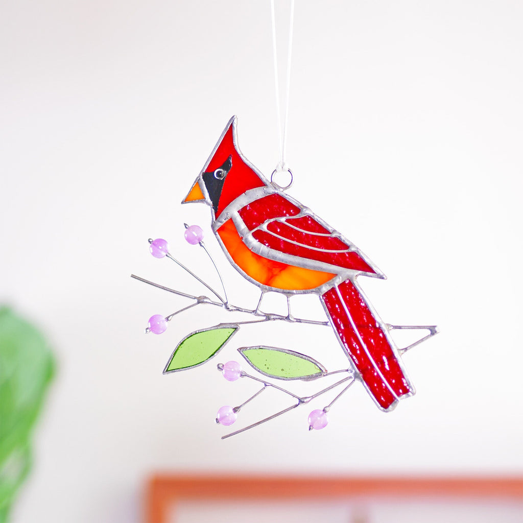 RainLine Cardinal Bird Stained Glass Window Hanging Suncatcher 4.3in