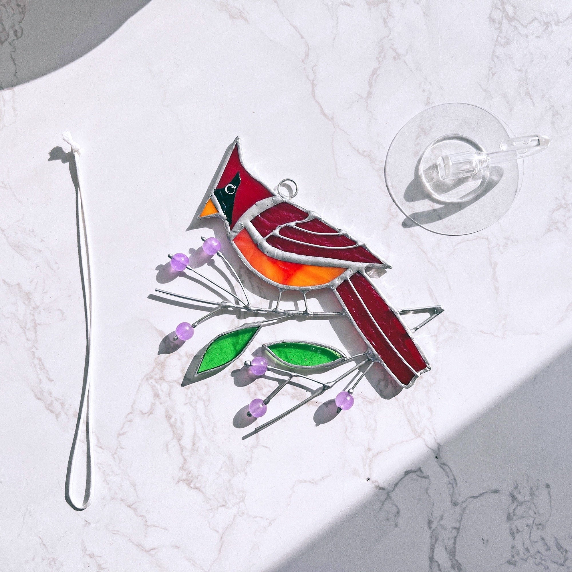 RainLine Cardinal Bird Stained Glass Window Hanging Suncatcher 4.3in