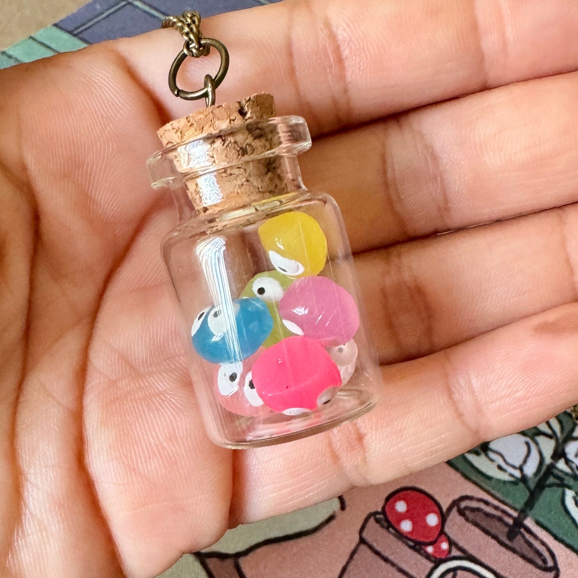 VanillaStarCafe Rainbow Soot Sprites in a Jar Charm Pendant 30in Chain