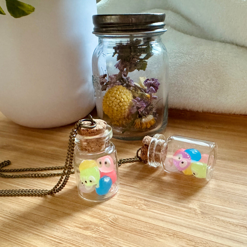 VanillaStarCafe Rainbow Soot Sprites in a Jar Charm Pendant 30in Chain