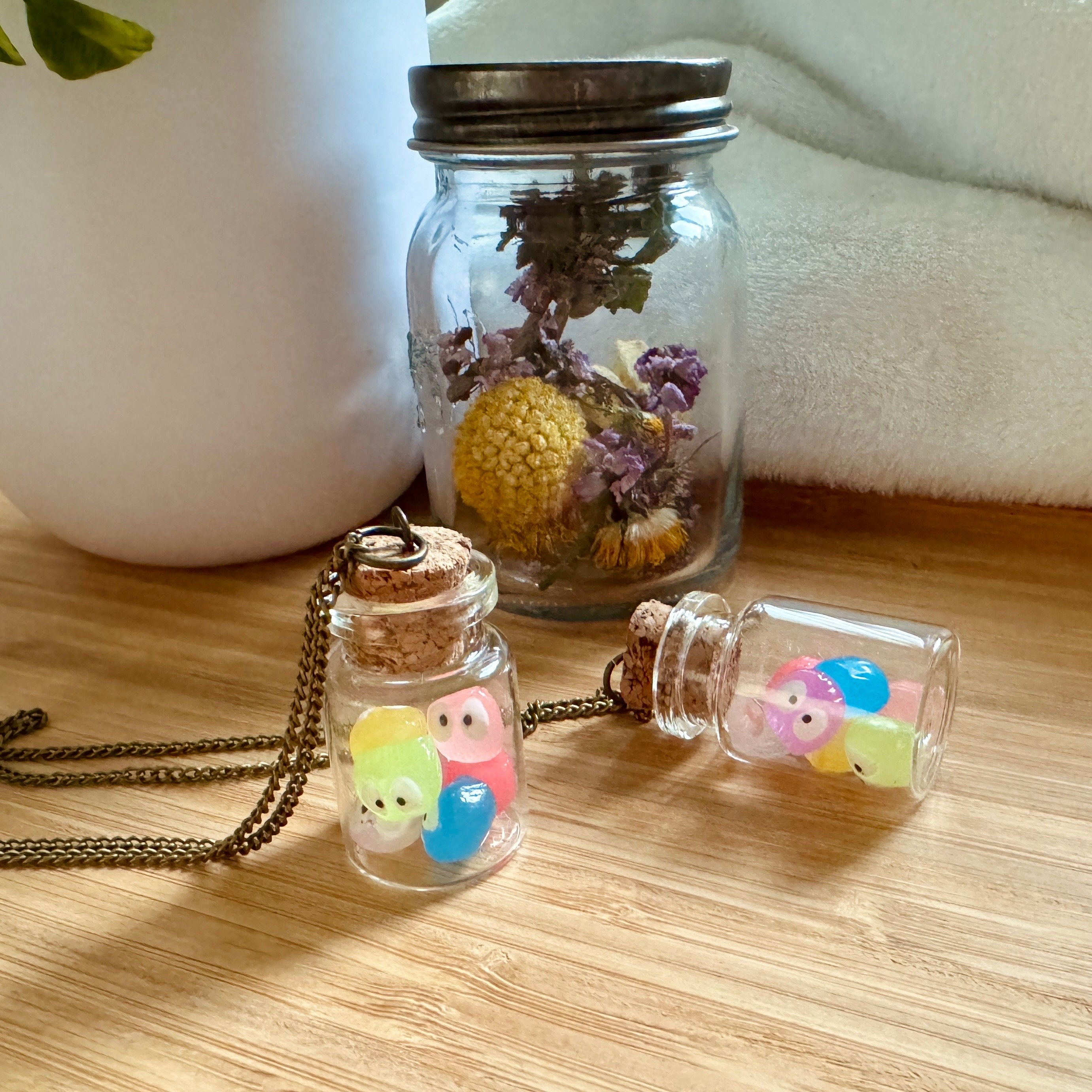 VanillaStarCafe Rainbow Soot Sprites in a Jar Charm Pendant 30in Chain