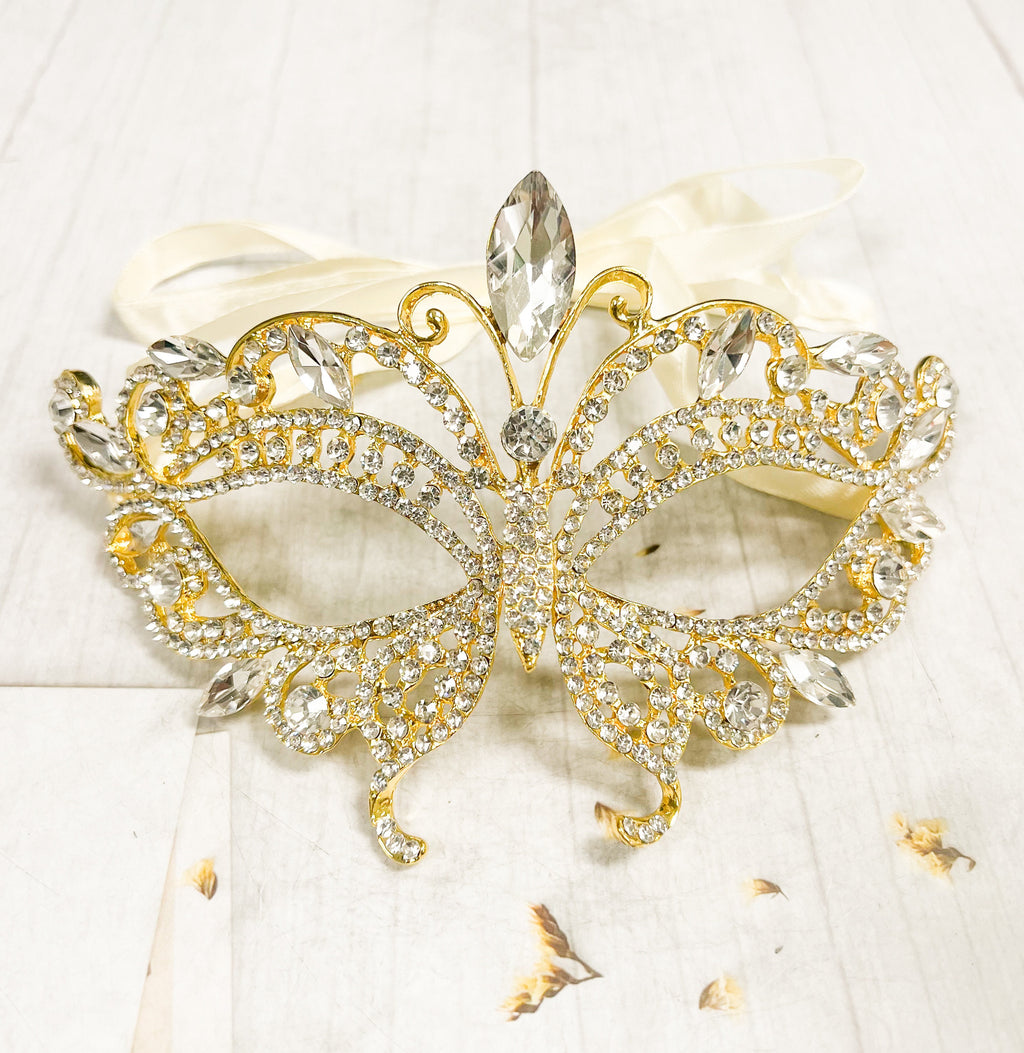 Gold Butterfly Masquerade Mask Rhinestone Crystal Party