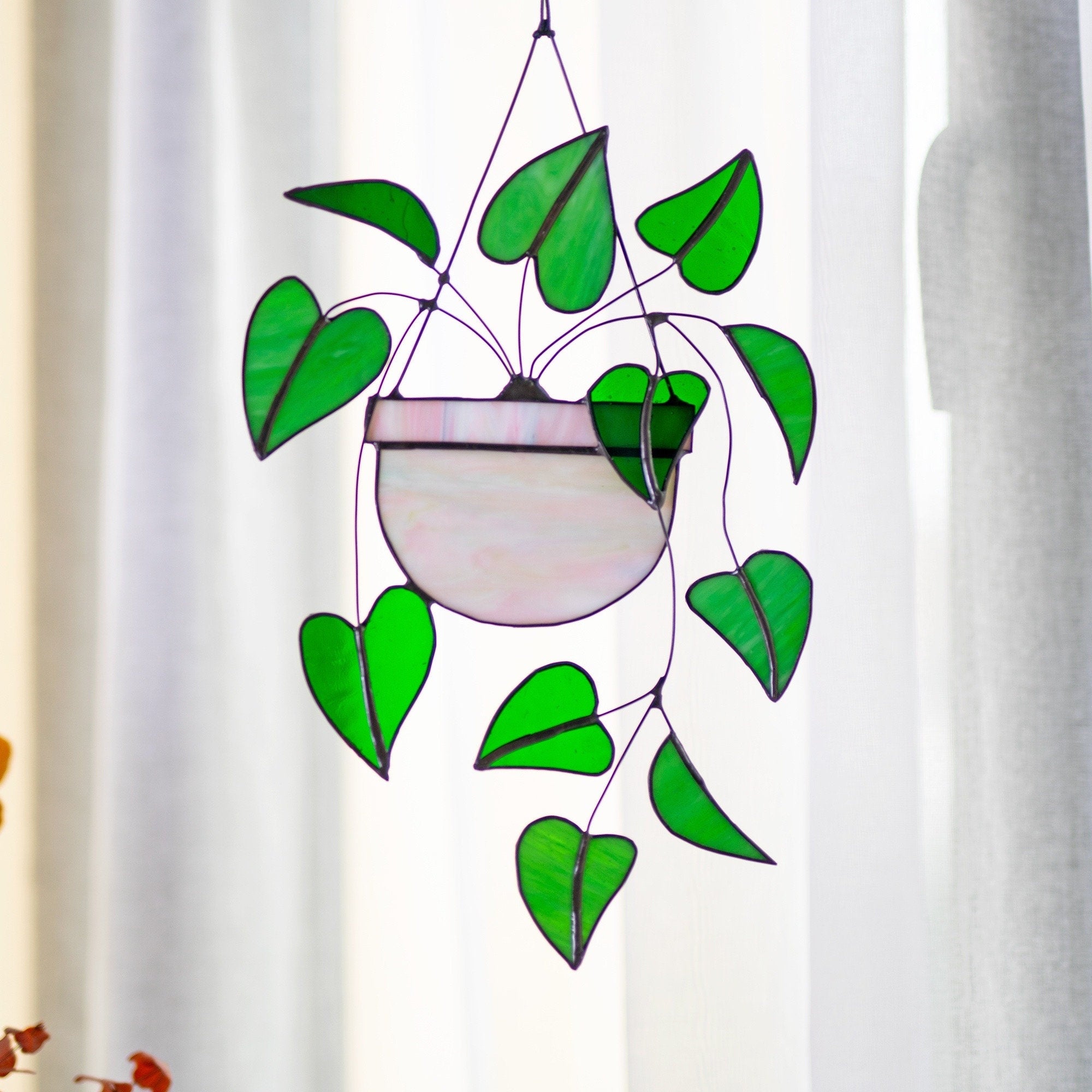RainLine Heart Leaf Philodendron Stained Glass Hanging Suncatcher 7x10in