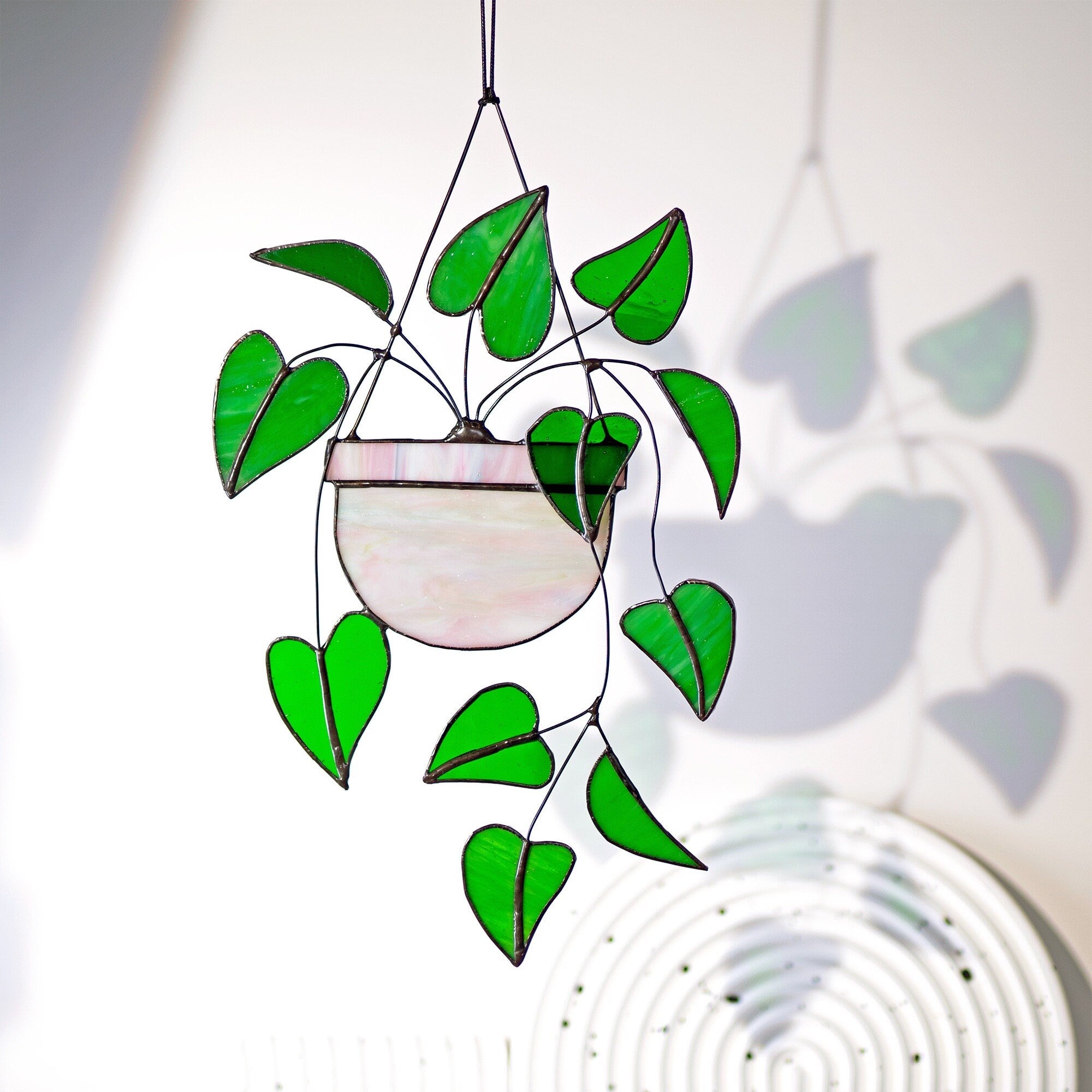 RainLine Heart Leaf Philodendron Stained Glass Hanging Suncatcher 7x10in