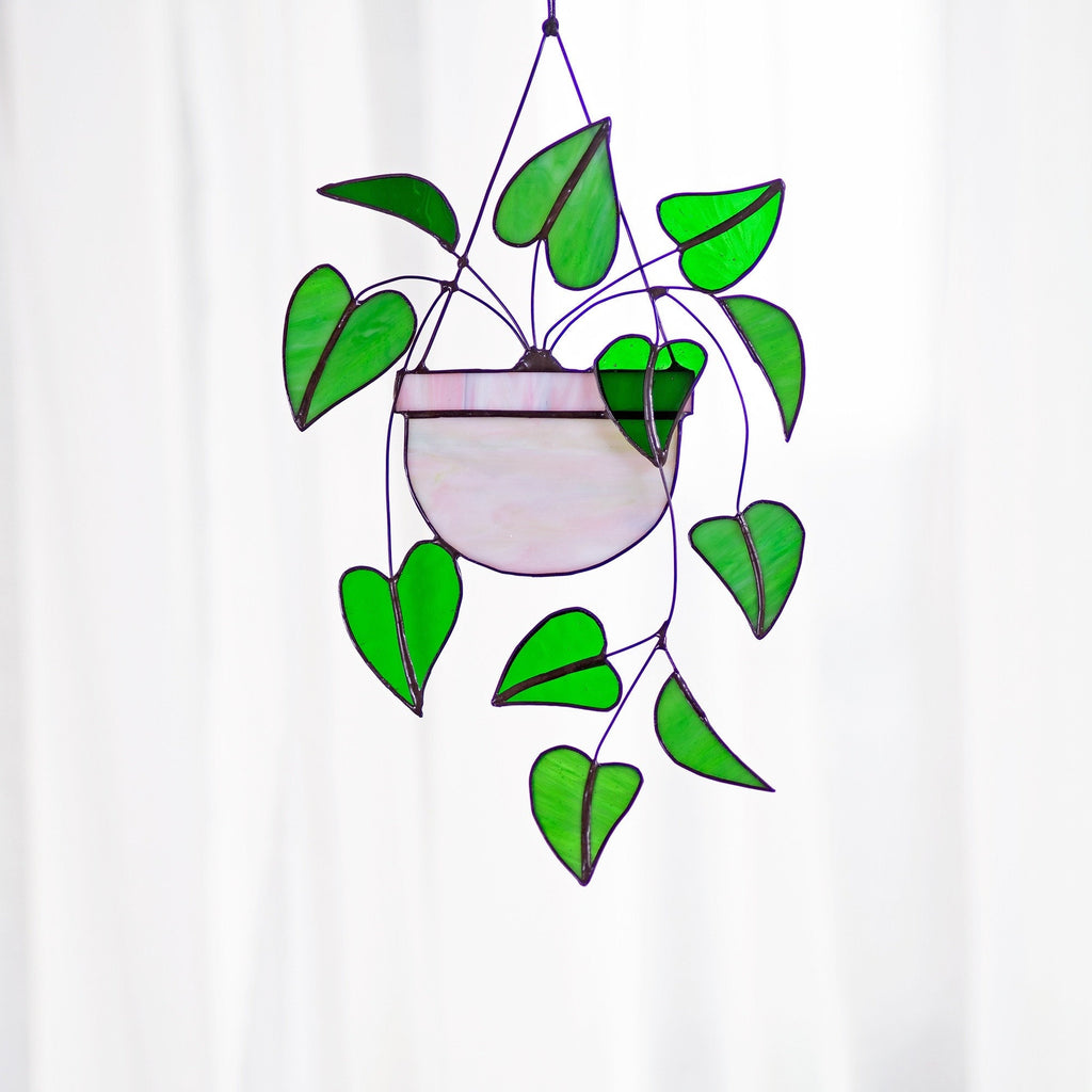RainLine Heart Leaf Philodendron Stained Glass Hanging Suncatcher 7x10in