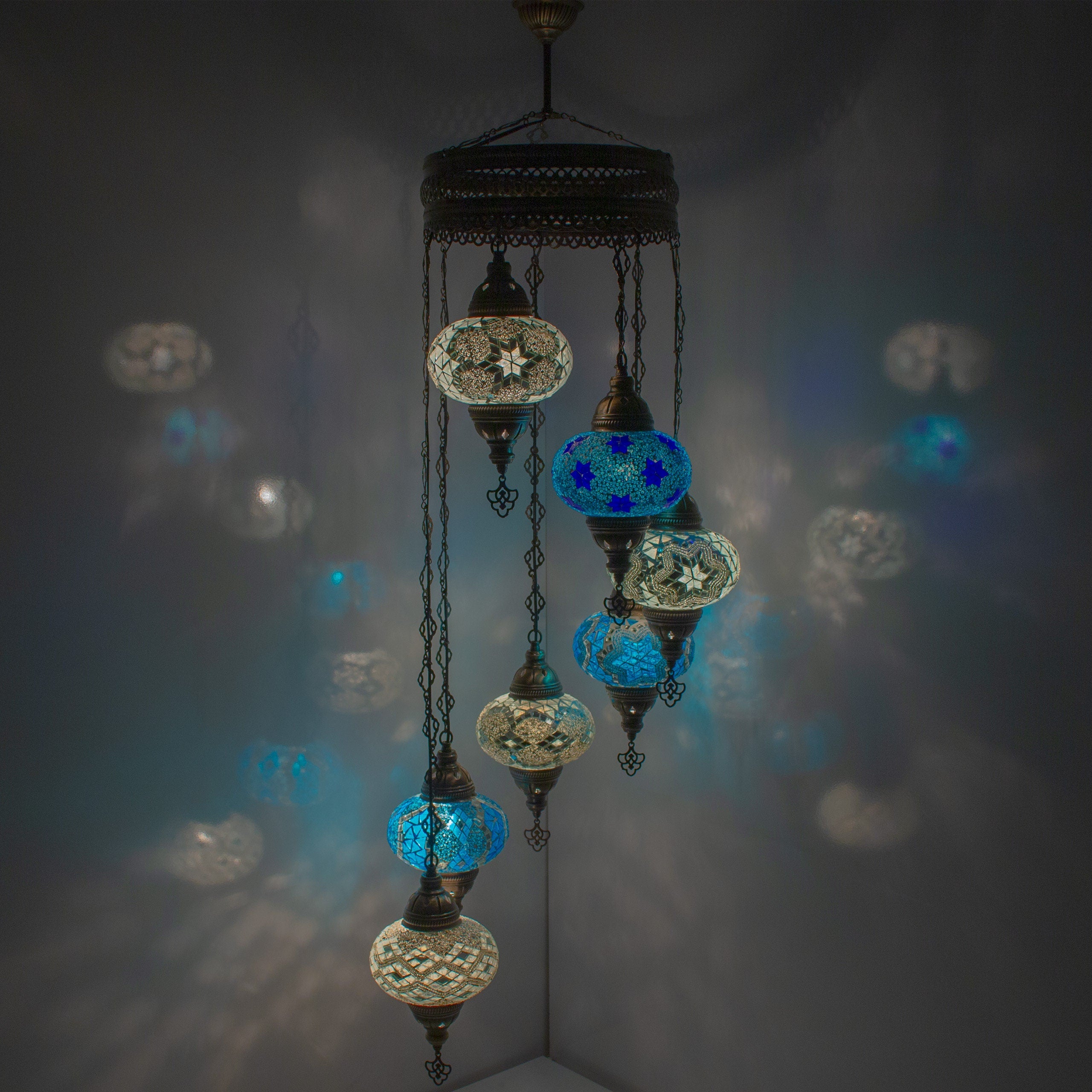 MoslandHome Handmade Turkish Mosaic Chandelier 7 Globe Hanging Pendant Lamp