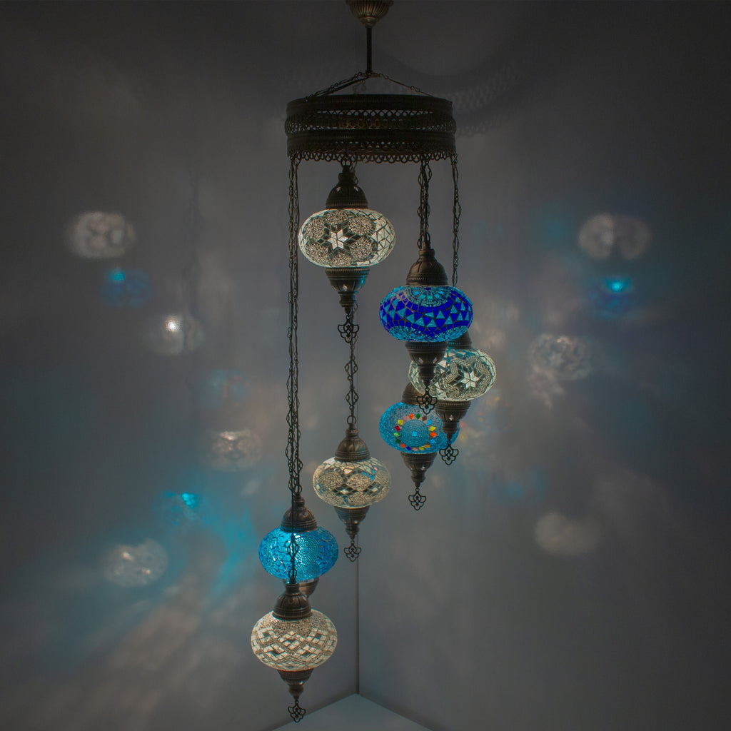 MoslandHome Handmade Turkish Mosaic Chandelier 7 Globe Hanging Pendant Lamp