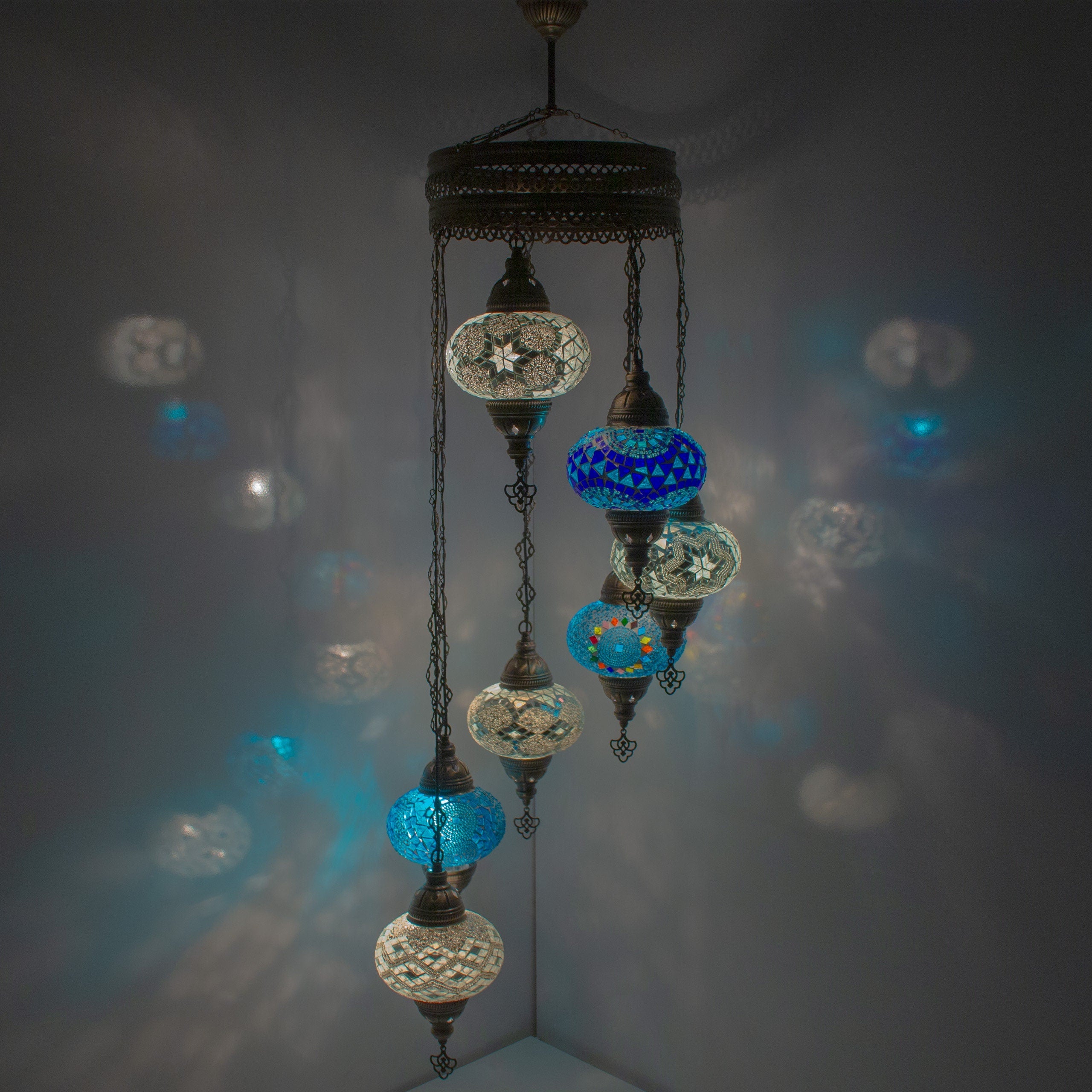 MoslandHome Handmade Turkish Mosaic Chandelier 7 Globe Hanging Pendant Lamp