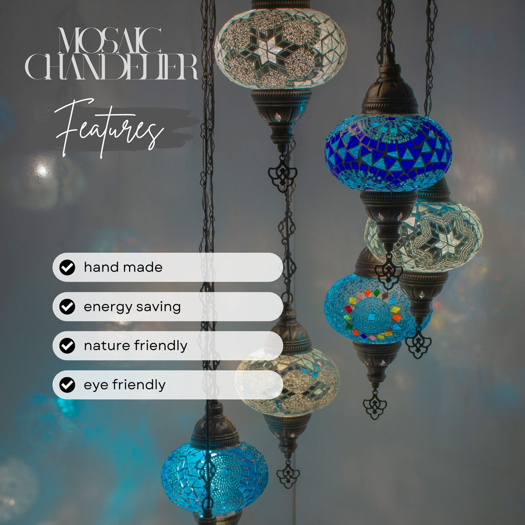 MoslandHome Handmade Turkish Mosaic Chandelier 7 Globe Hanging Pendant Lamp