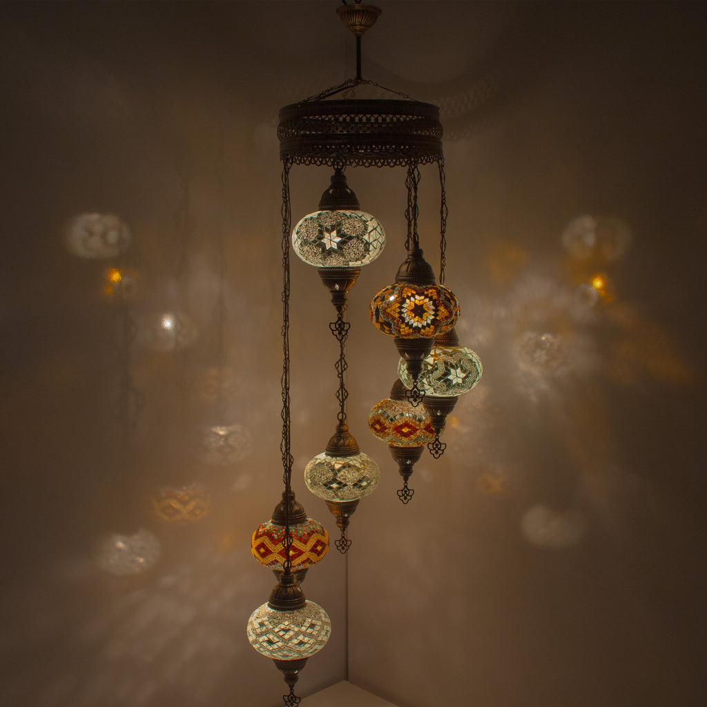 MoslandHome Handmade Turkish Mosaic Chandelier 7 Globe Hanging Lamp