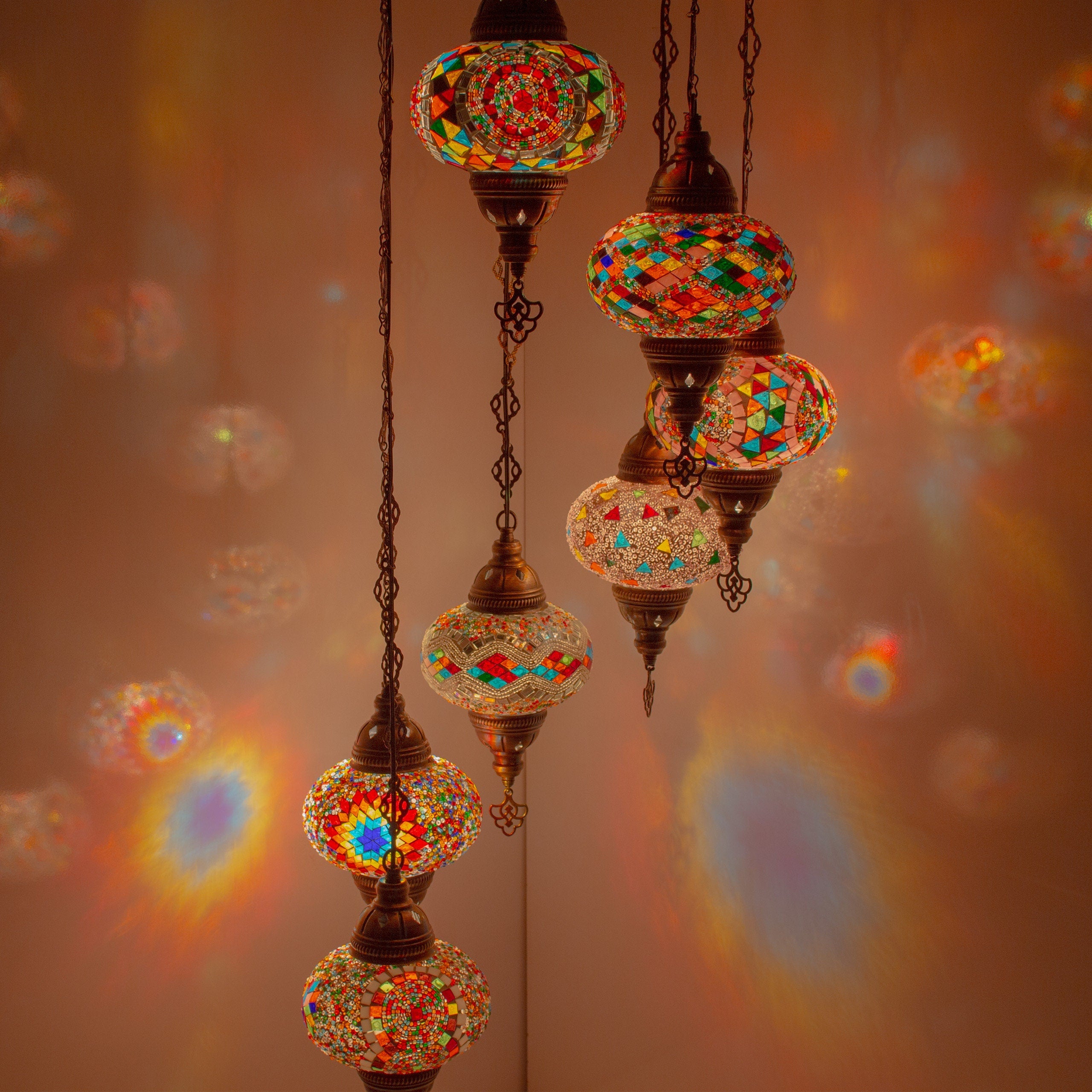 MoslandHome Handmade Turkish Mosaic Chandelier 7 Globe Hanging Lamp