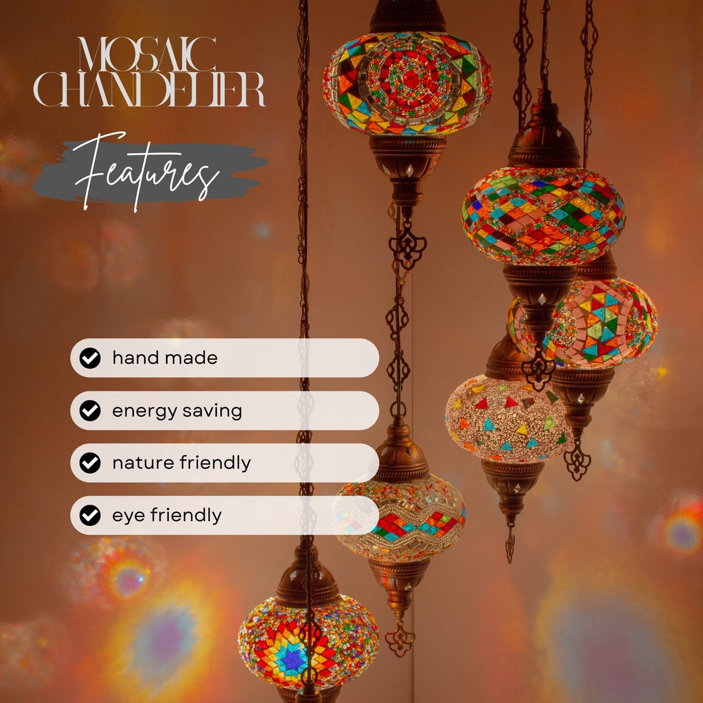 MoslandHome Handmade Turkish Mosaic Chandelier 7 Globe Hanging Lamp