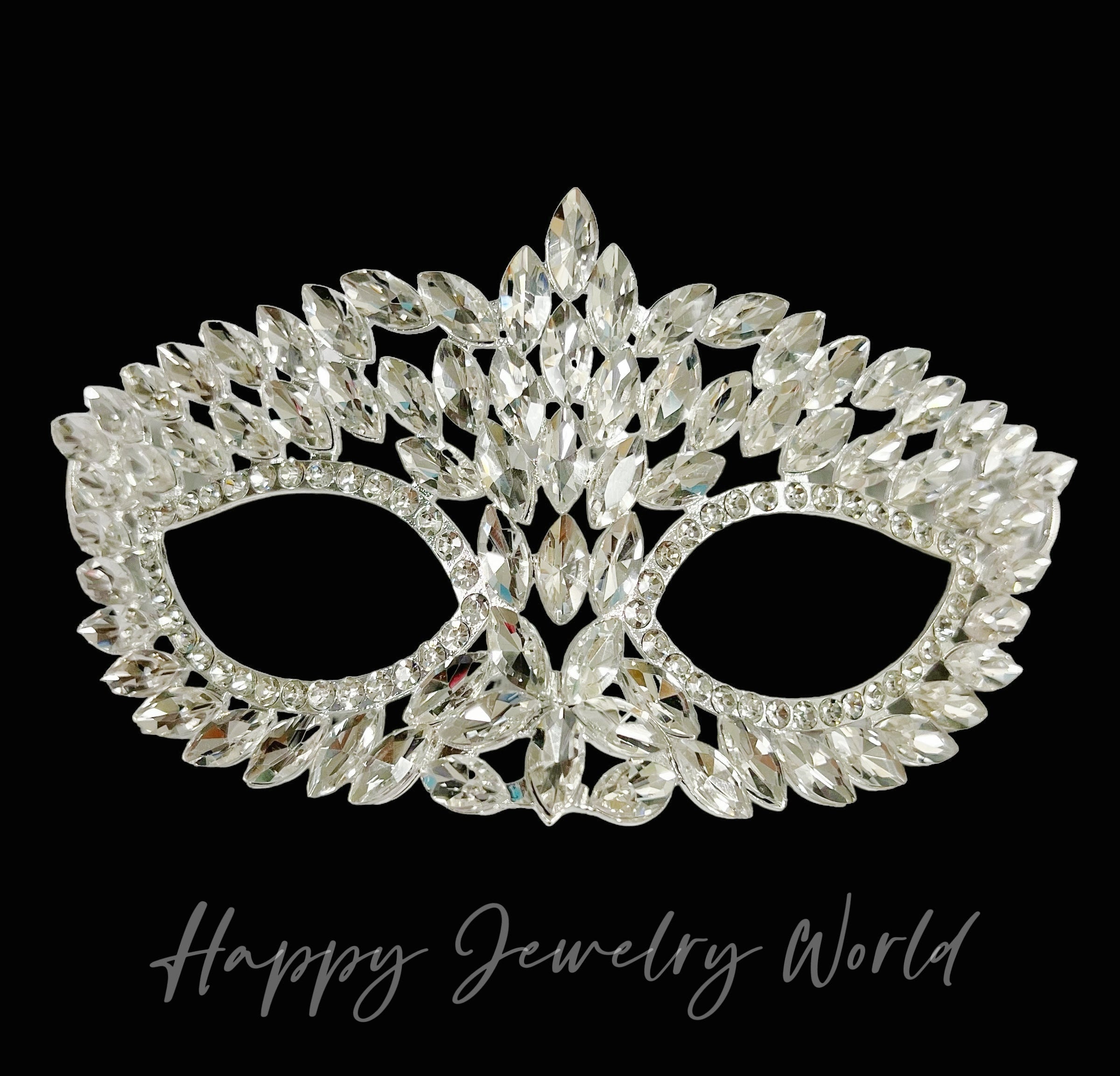 HappyJewelryWorld Silver Masquerade Mask with Clear Crystal Rhinestones