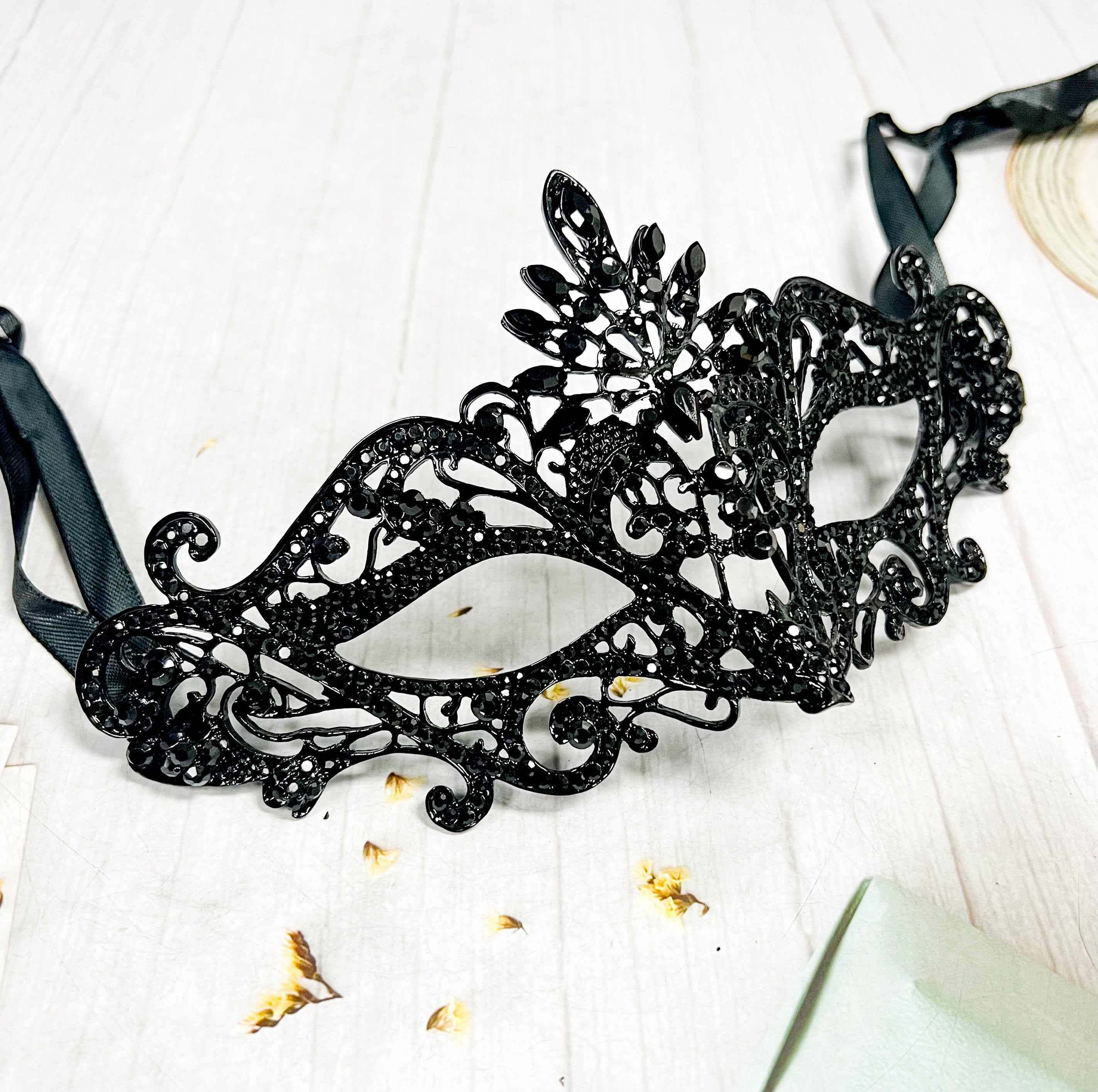 HappyJewelryWorld Black Crystal Masquerade Ball Eye Mask