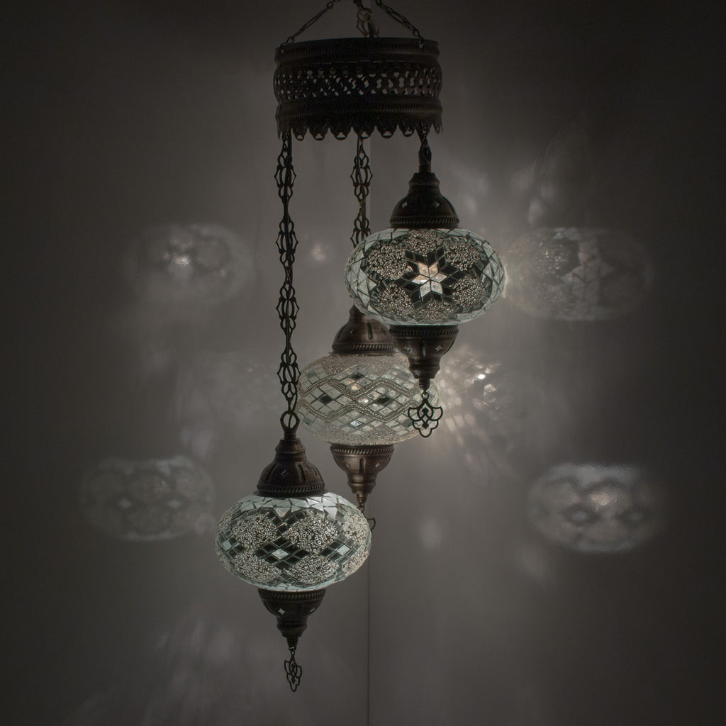 MoslandHome Handmade Turkish Mosaic Chandelier 3 Globe Antique Brass Pendant Lamp