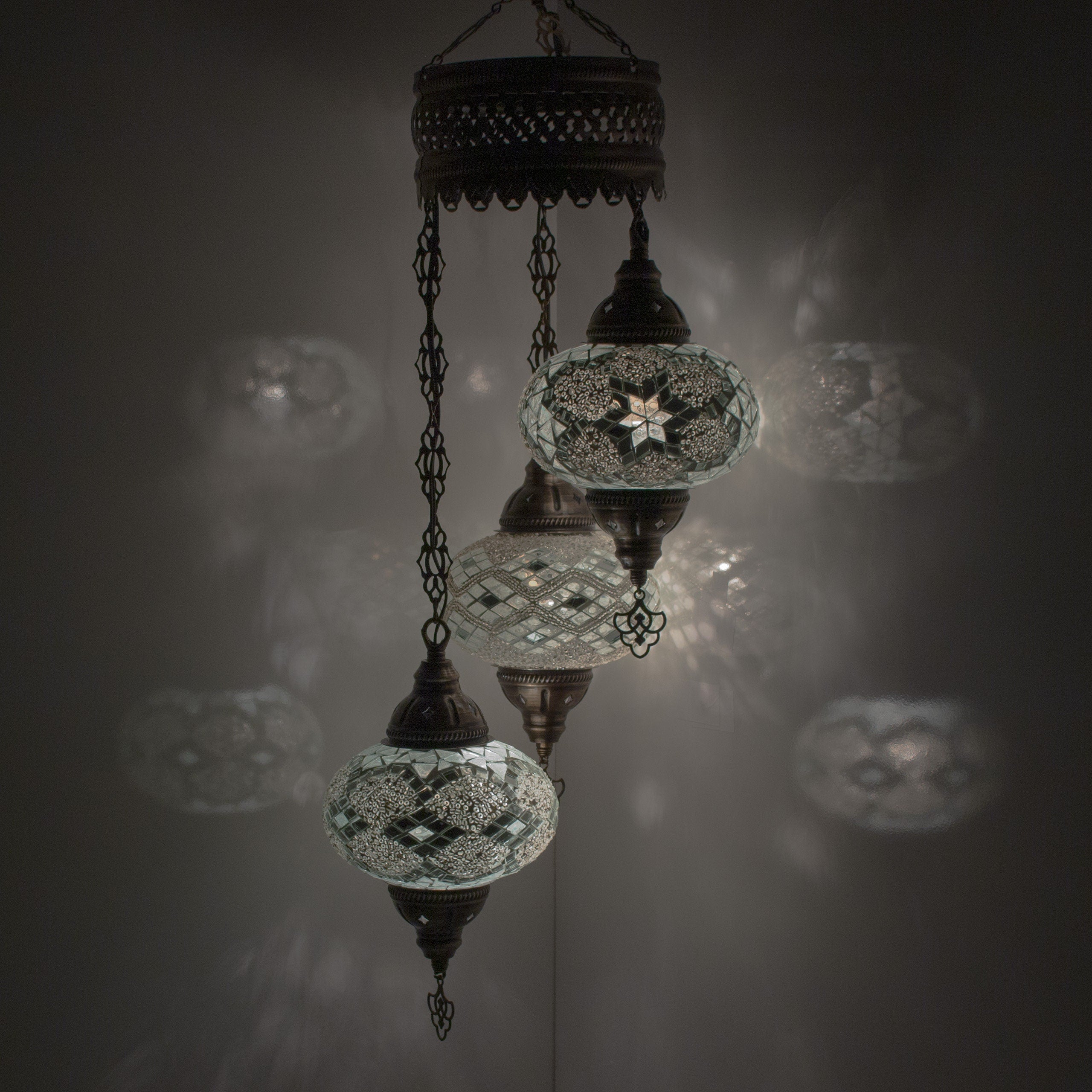 MoslandHome Handmade Turkish Mosaic Chandelier 3 Globe Antique Brass Pendant Lamp