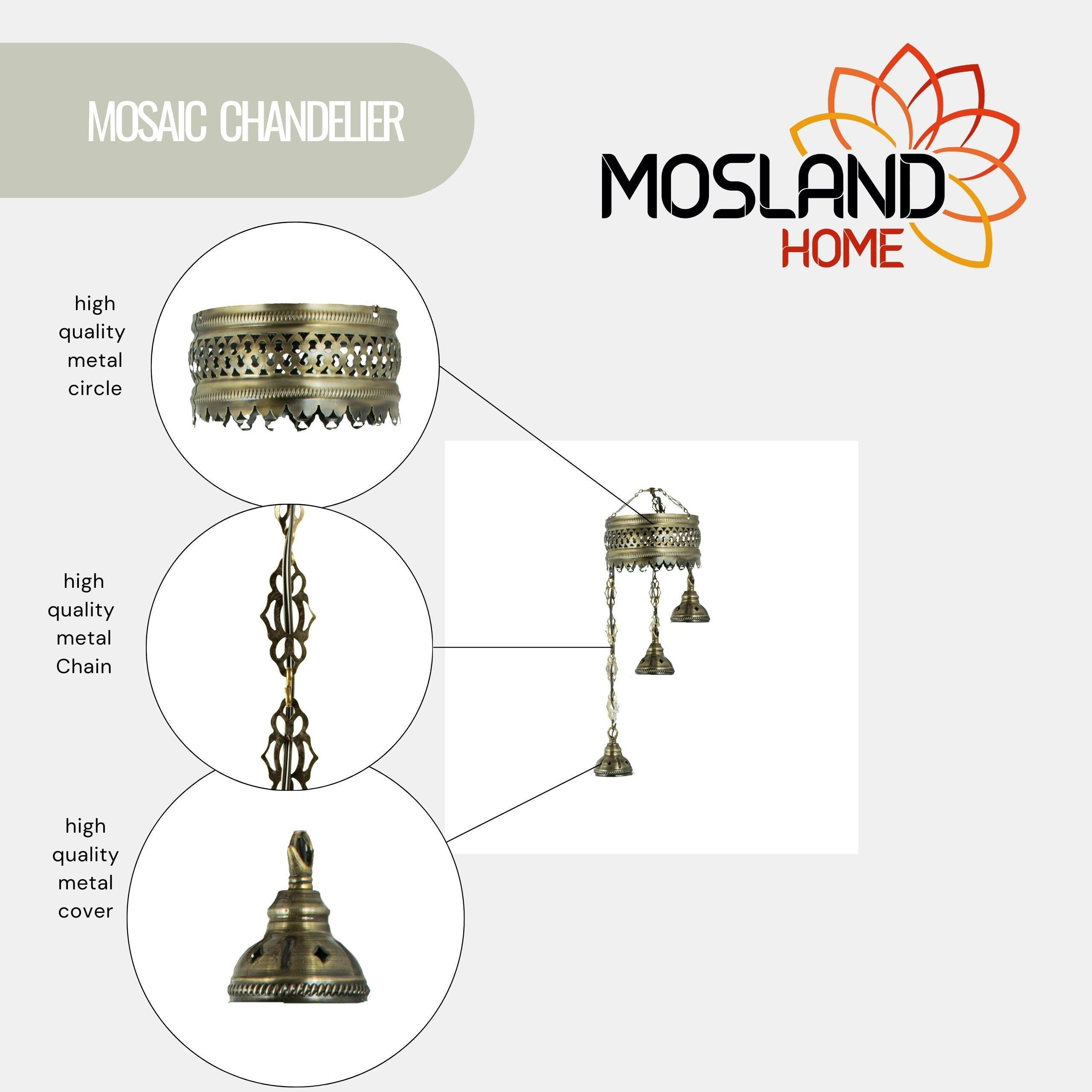 MoslandHome Handmade Turkish Mosaic Chandelier 3 Globe Antique Brass Pendant Lamp