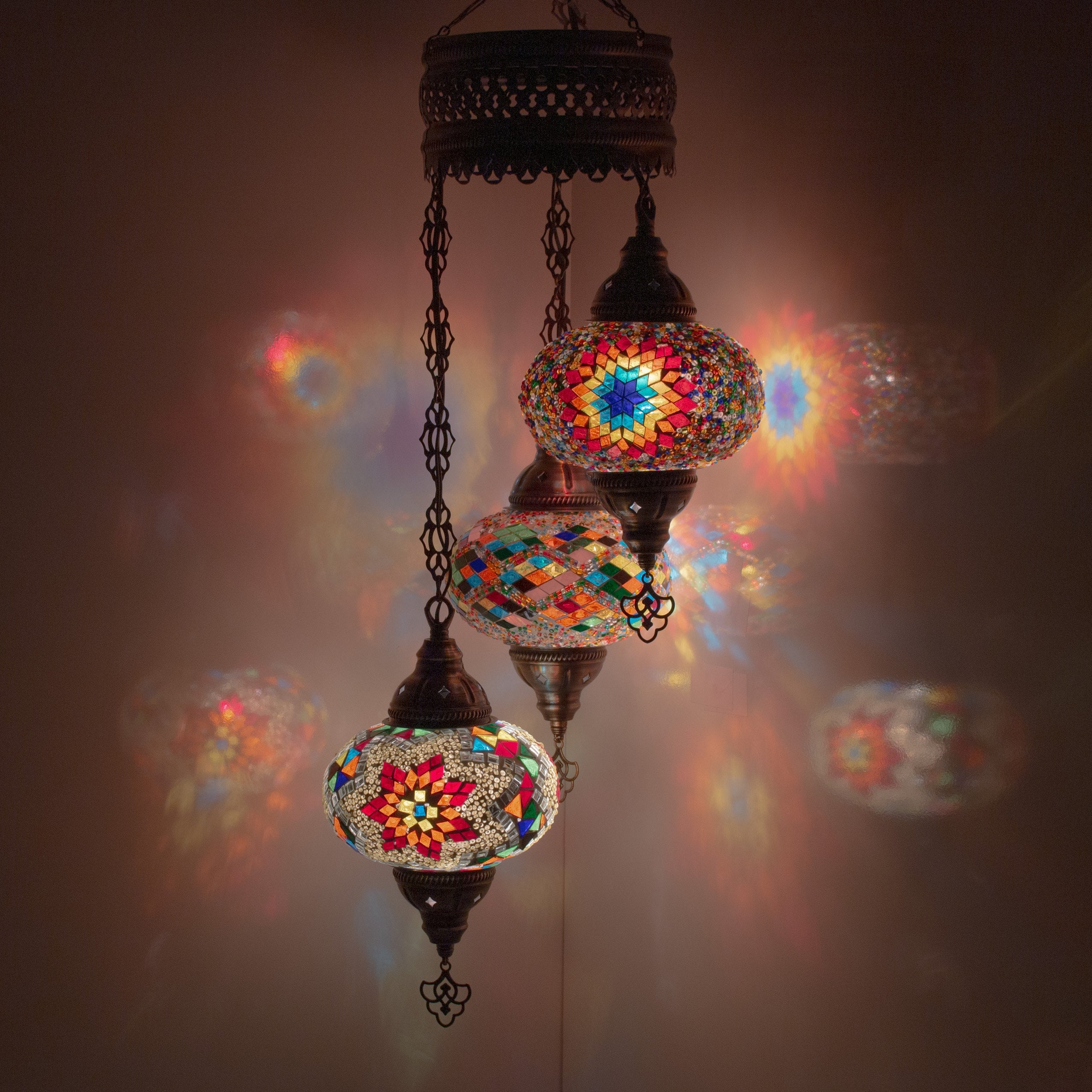 MoslandHome Handmade Turkish Mosaic Chandelier 3 Globe Hanging Lamp