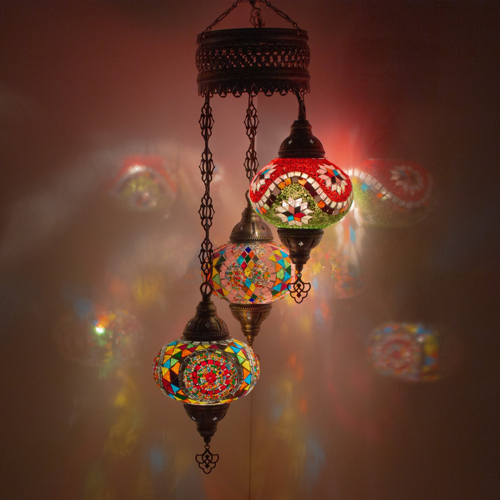 MoslandHome Handmade Turkish Mosaic Chandelier 3 Globe Hanging Lamp