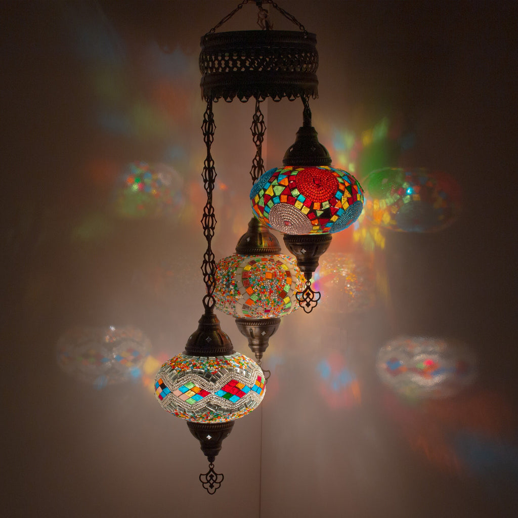 MoslandHome Handmade Turkish Mosaic Chandelier 3 Globe Hanging Lamp