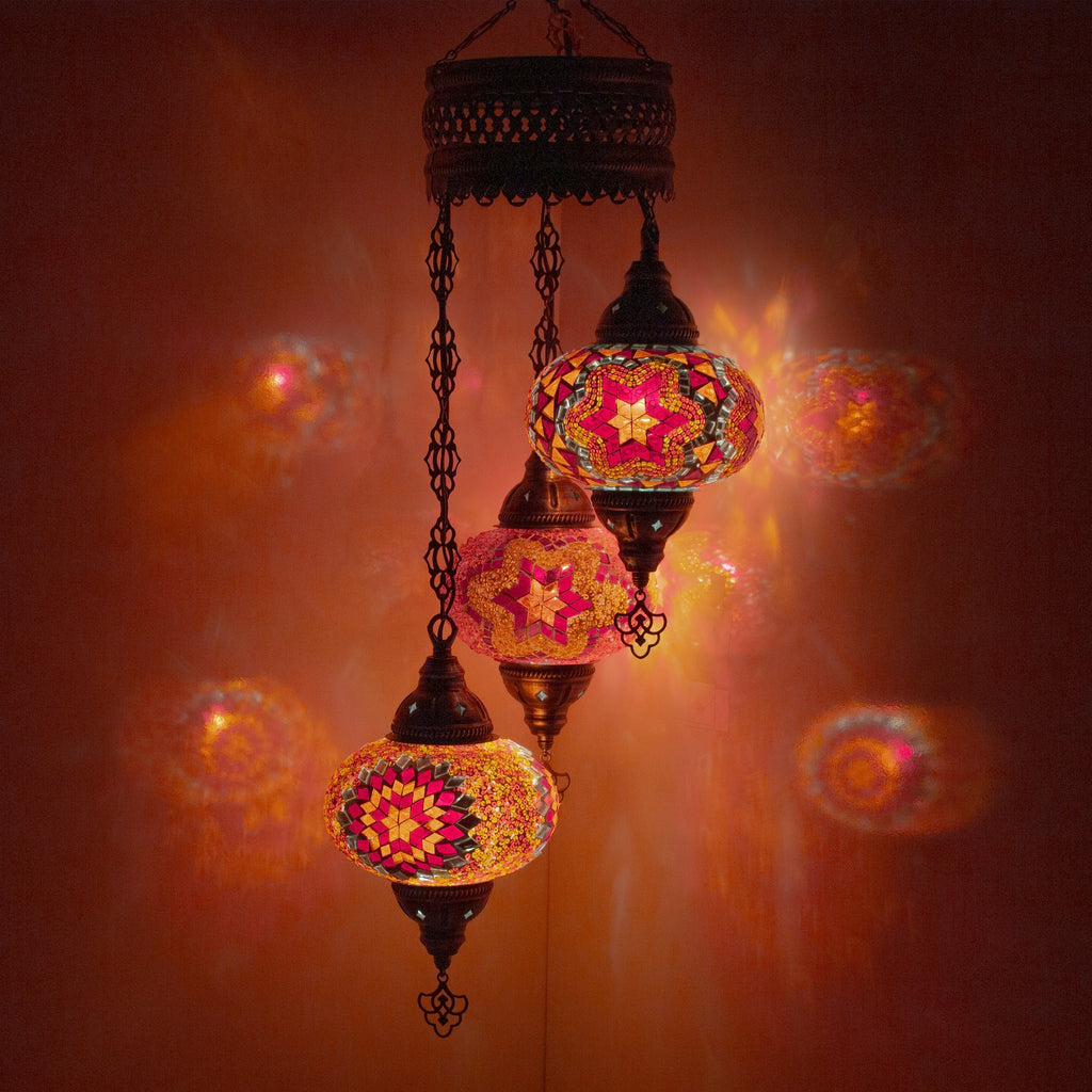 MoslandHome Handmade Turkish Mosaic Chandelier 3 Globe Hanging Lamp