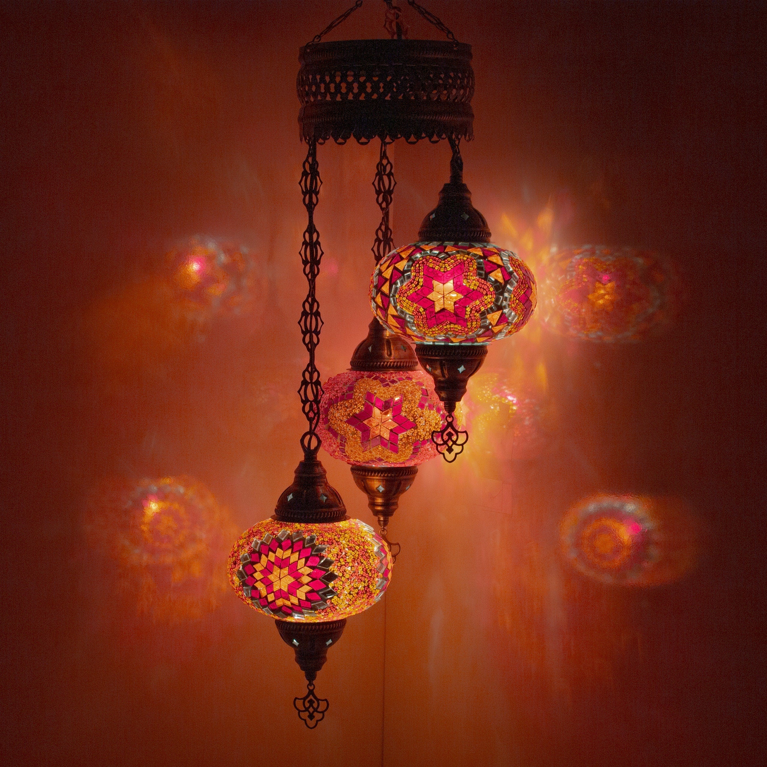 MoslandHome Handmade Turkish Mosaic Chandelier 3 Globe Hanging Lamp