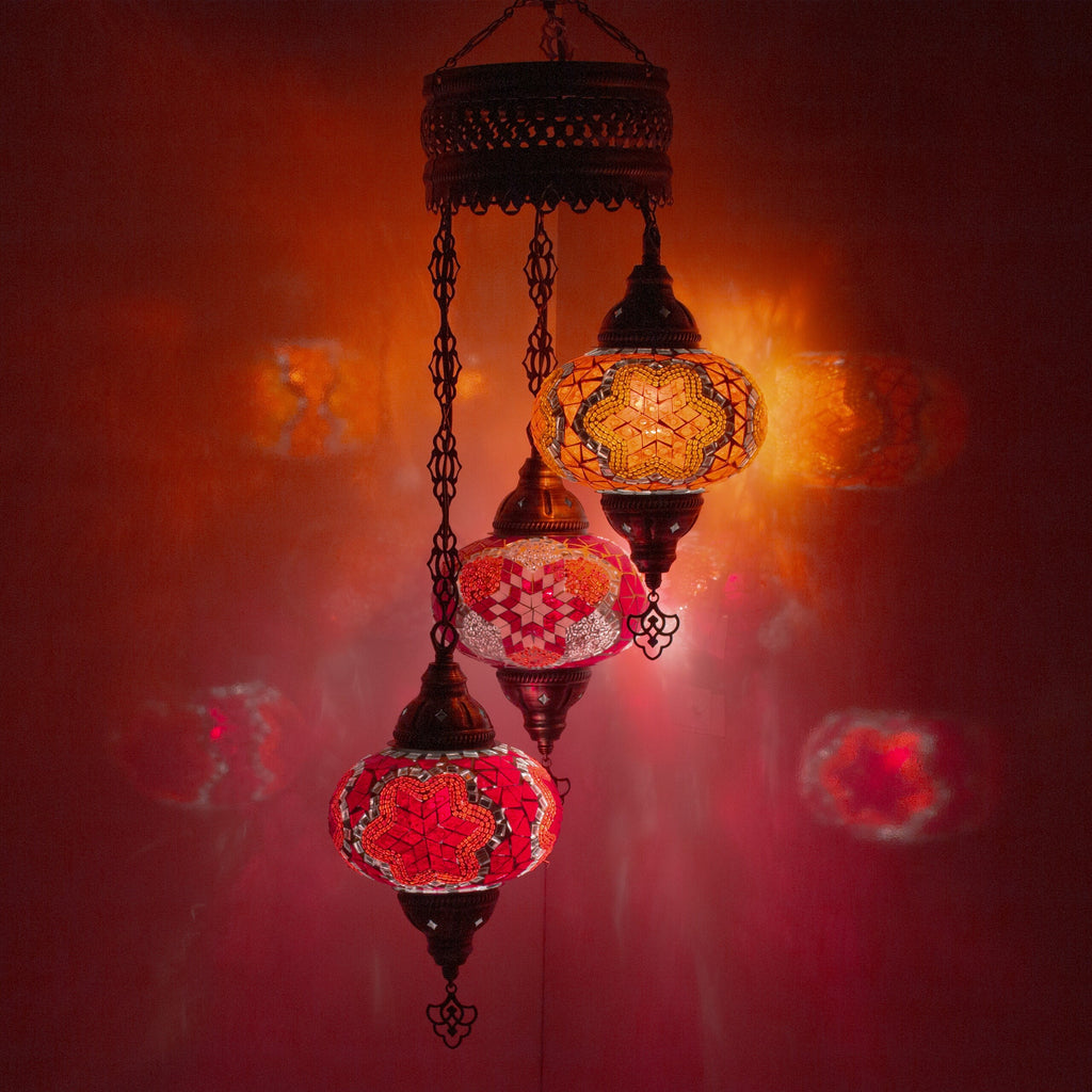 MoslandHome Handmade Turkish Mosaic Chandelier 3 Globe Hanging Lamp