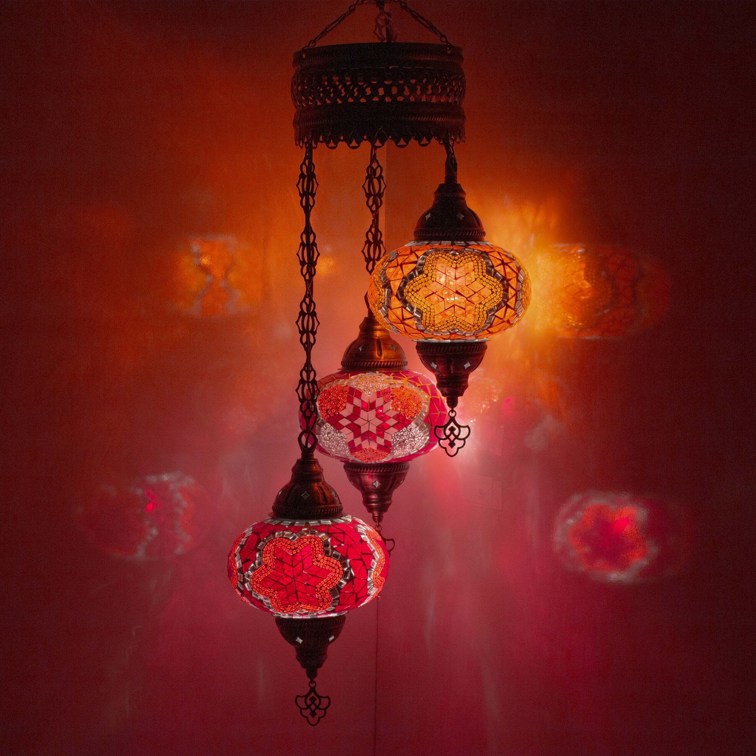 MoslandHome Handmade Turkish Mosaic Chandelier 3 Globe Hanging Lamp